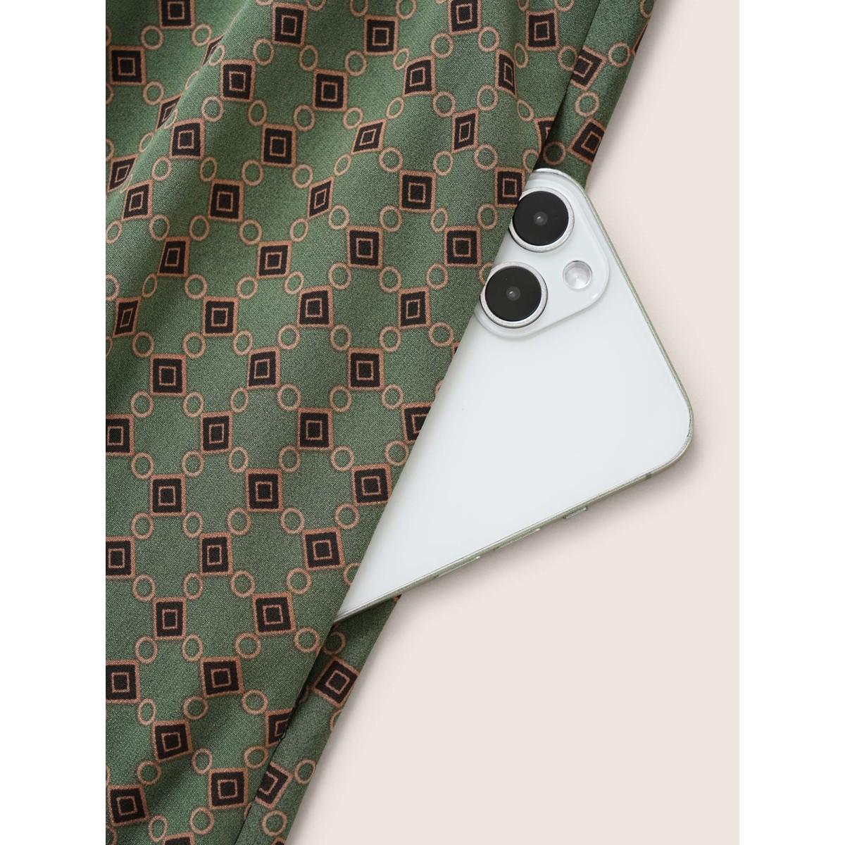 Plus Size Geometric Print Polo Neck Belted Dress Moss Women At the Office Belted Polo Short sleeve Curvy Midi Dress BloomChic 18-20/2X Product Image