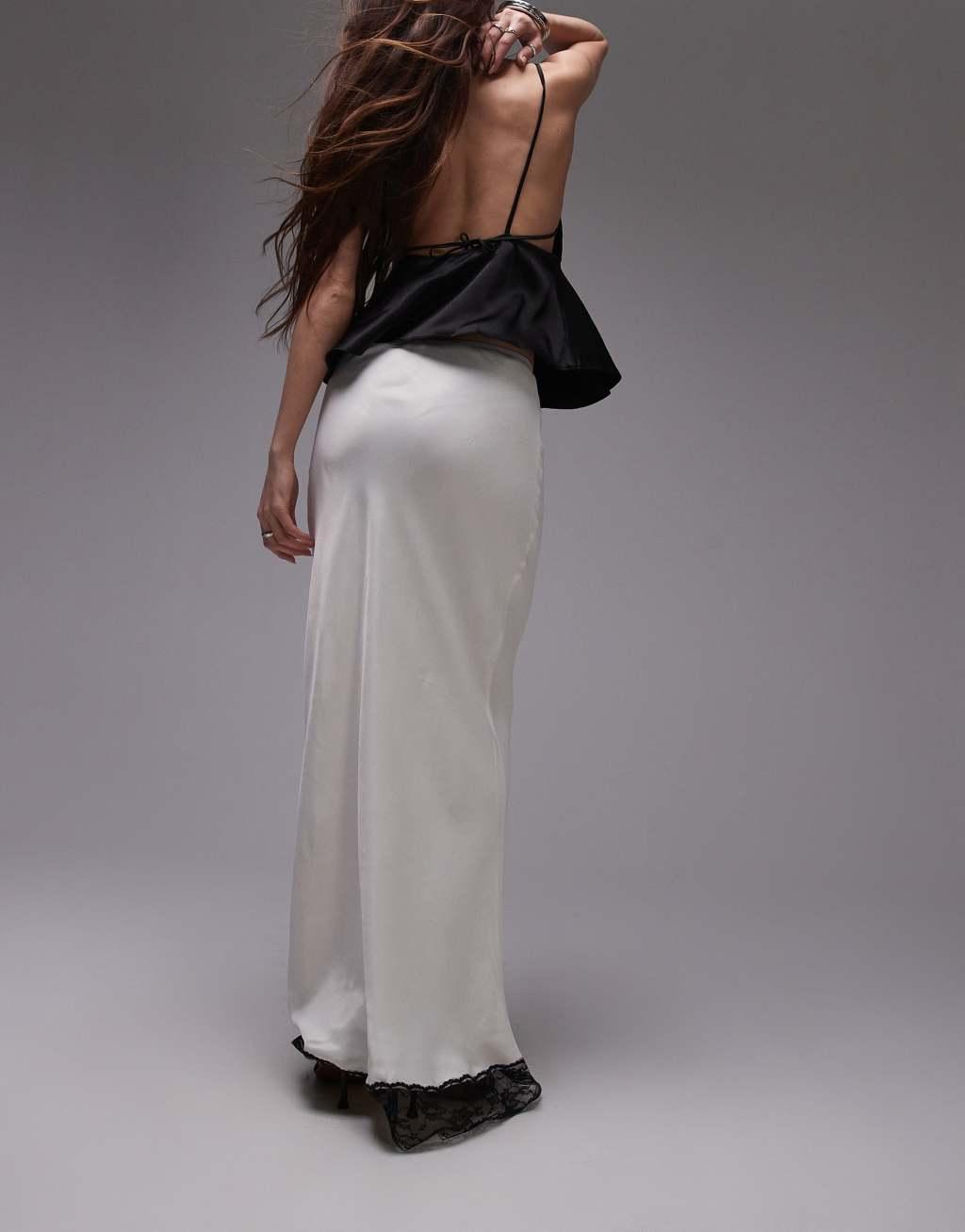 Topshop satin bias cut maxi skirt in ivory with black lace Product Image