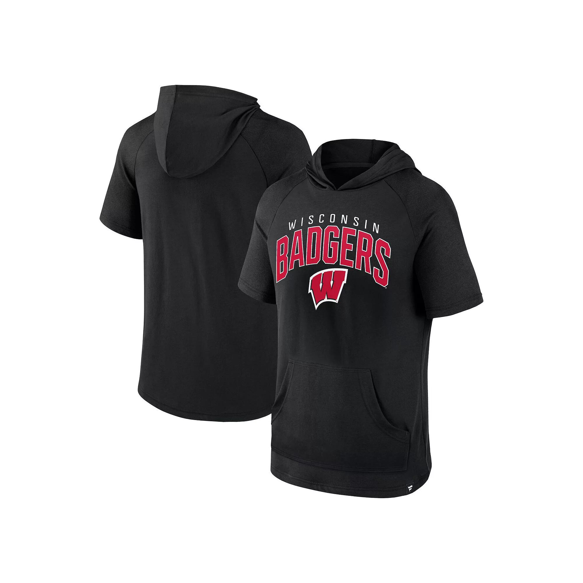 Men's Fanatics Black Wisconsin Badgers Double Arch Raglan Short Sleeve Hoodie T-Shirt,  Product Image