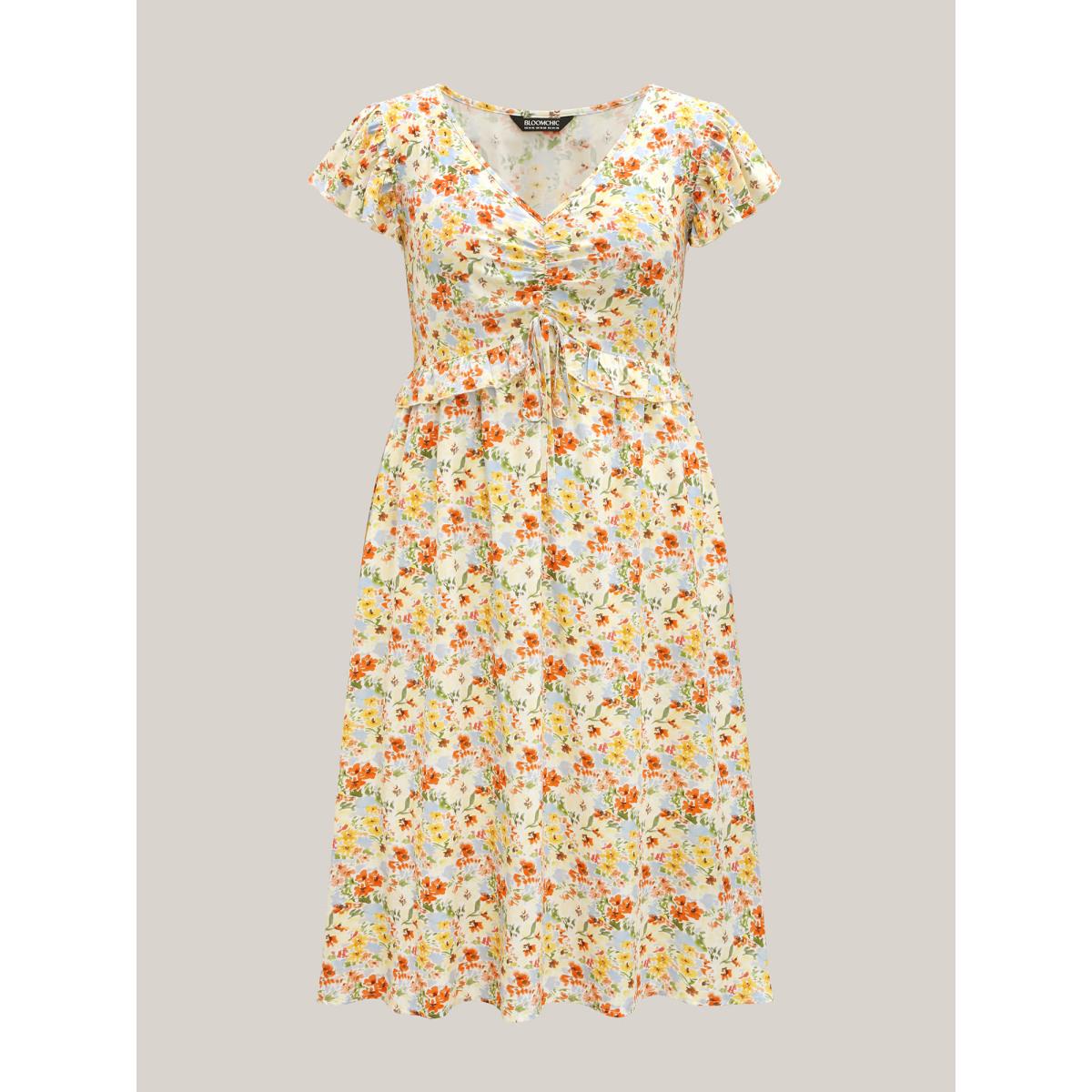 Plus Size Floral Print Ruched Pockets Midi Dress Lightyellow Women Tie knot V-neck Cap Sleeve Curvy BloomChic 14-16/1X Product Image