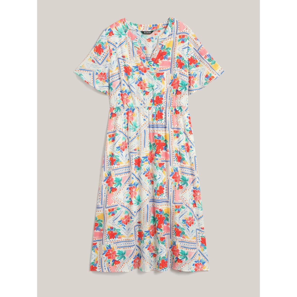 Plus Size Floral Collage Print Pockets Midi Dress Multicolor Women Notched collar Short sleeve Curvy BloomChic 18-20/2X Product Image