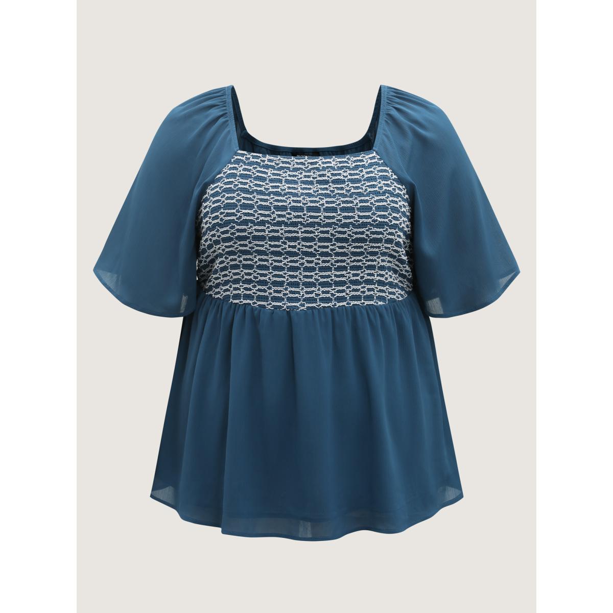 Plus Size Aegean Shirred Ruffled Sleeve Color Contrast Blouse Women Half Sleeve Square Neck Vacation Blouses BloomChic 14-16/1X Product Image