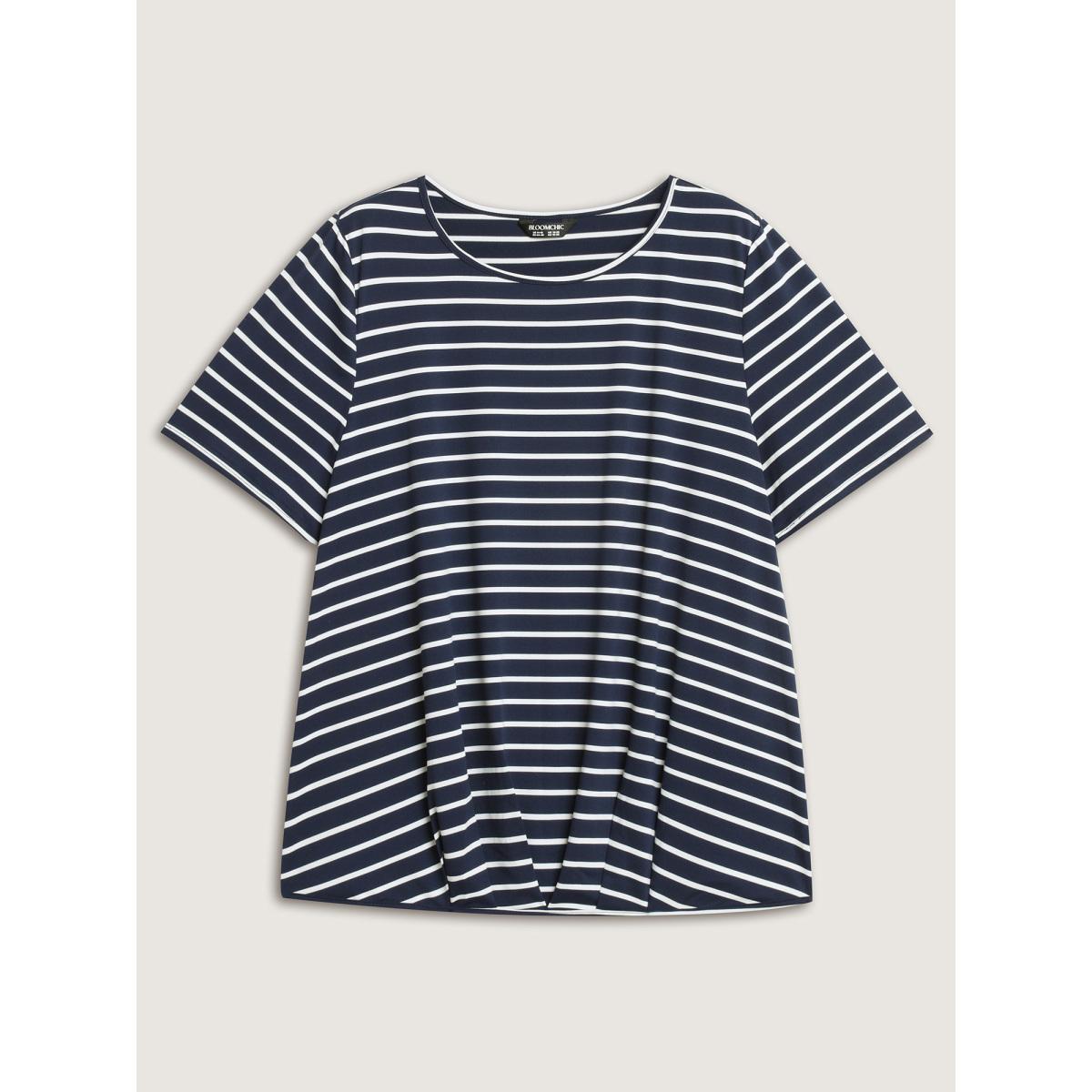 Plus Size Striped Relaxed Fit Round Neck T-Shirt Indigo Women Pleated Round Neck Everyday-Casual T-shirts BloomChic 14-16/1X Product Image