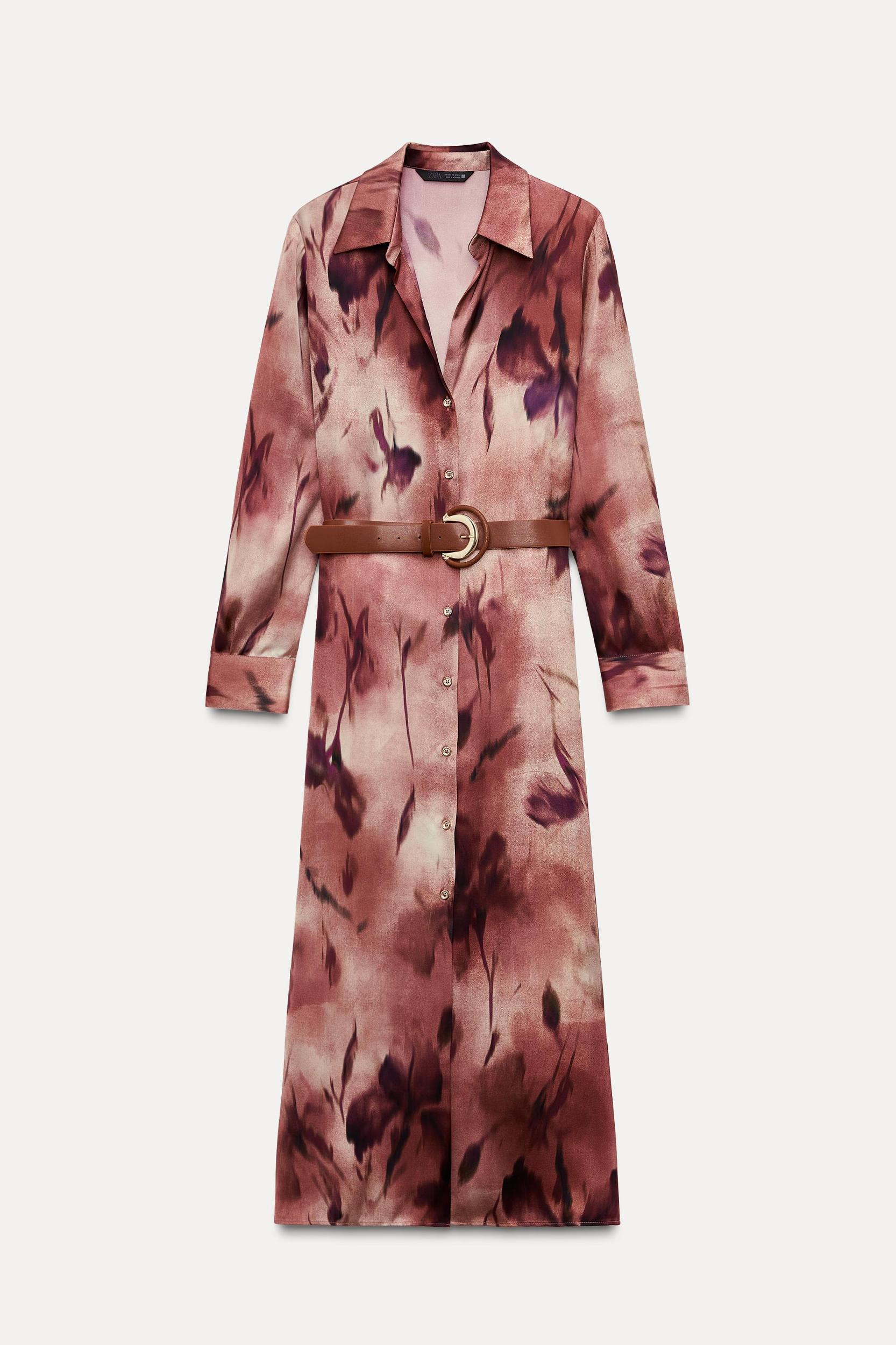 PRINTED SATIN MIDI DRESS WITH BELT Product Image