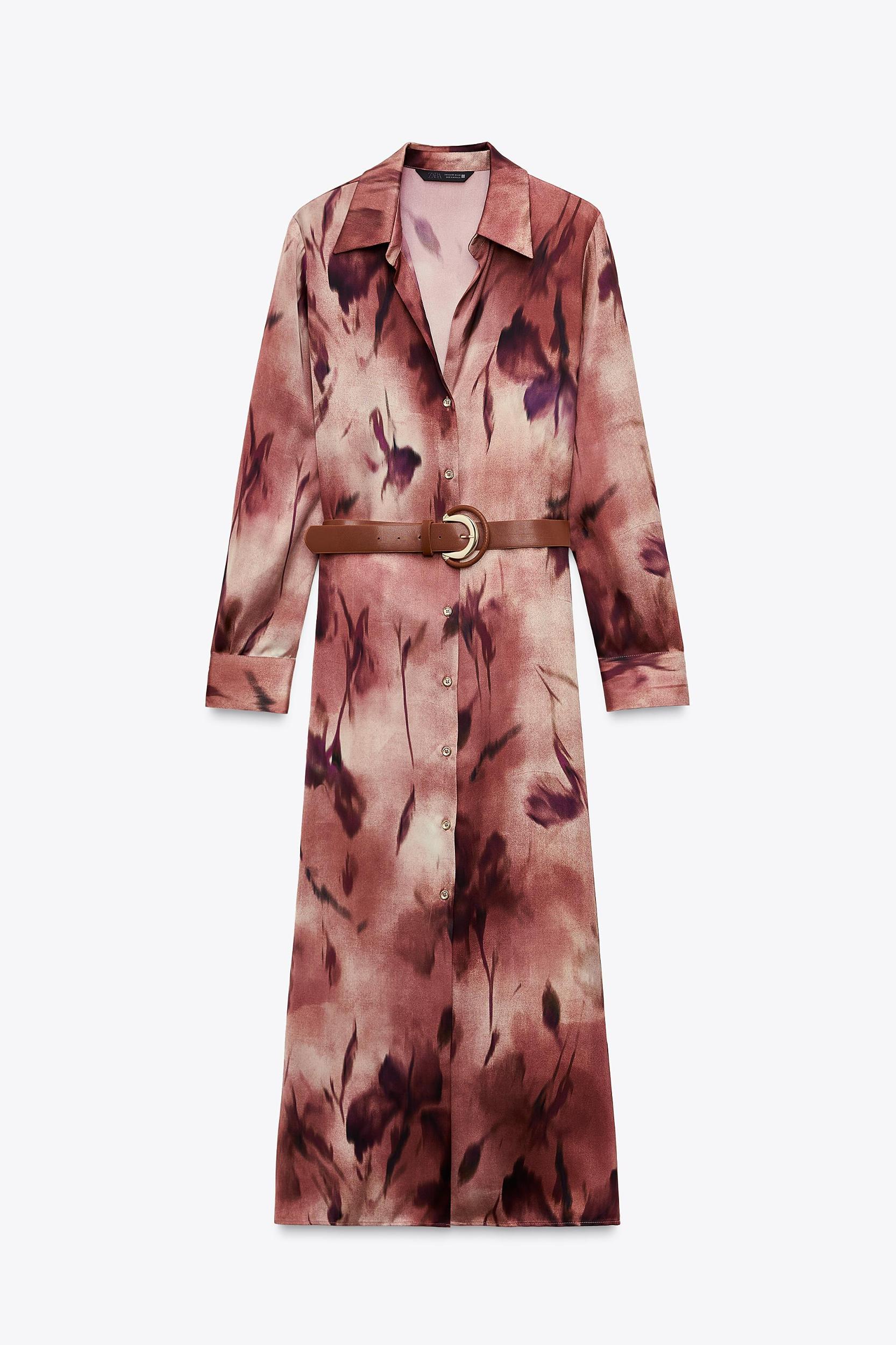 PRINTED SATIN MIDI DRESS WITH BELT Product Image