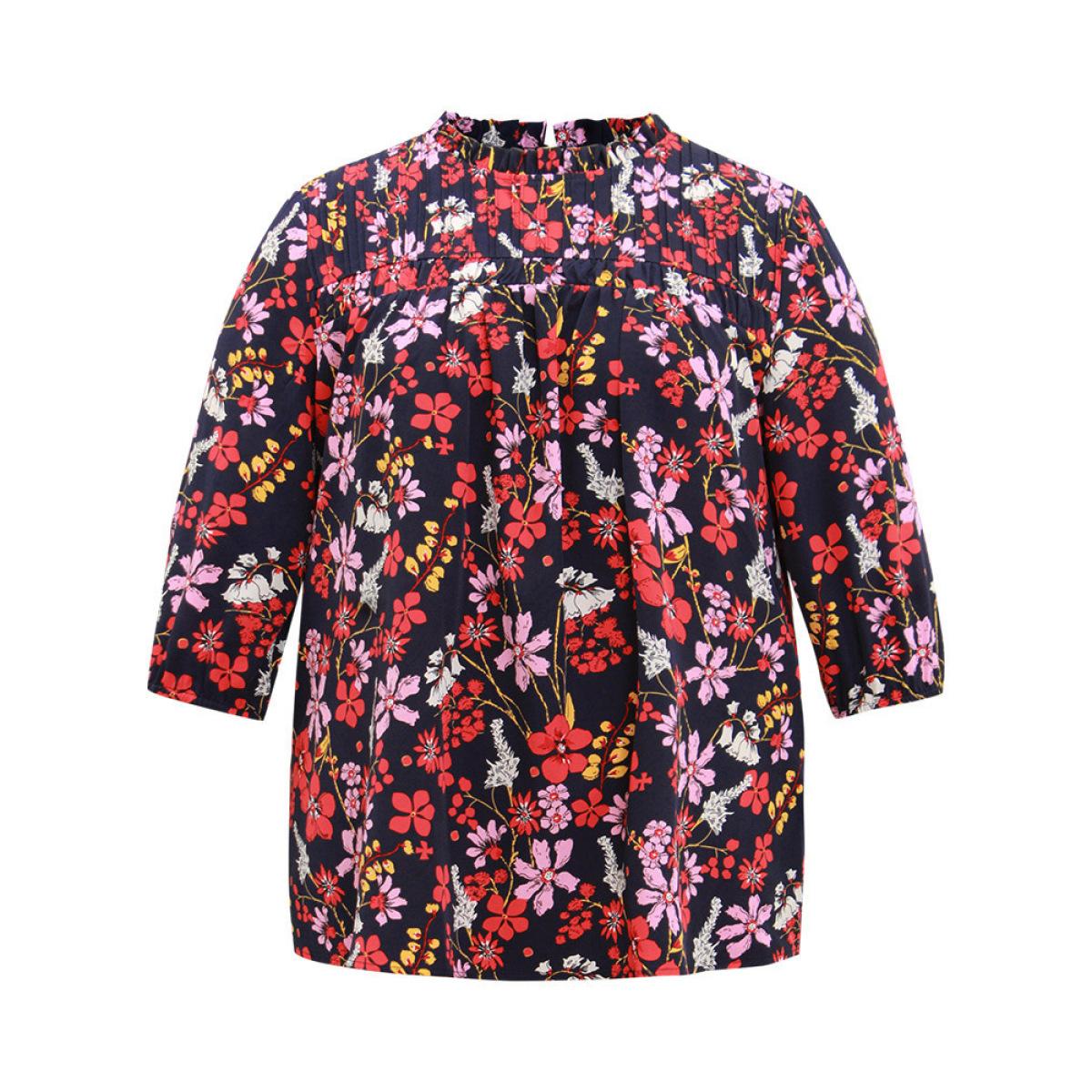 Plus Size Multicolor Floral Print Frill Trim Cut Out Blouse Women Elegant Elbow-length sleeve Round Neck Everyday Blouses BloomChic 14-16/1X Product Image