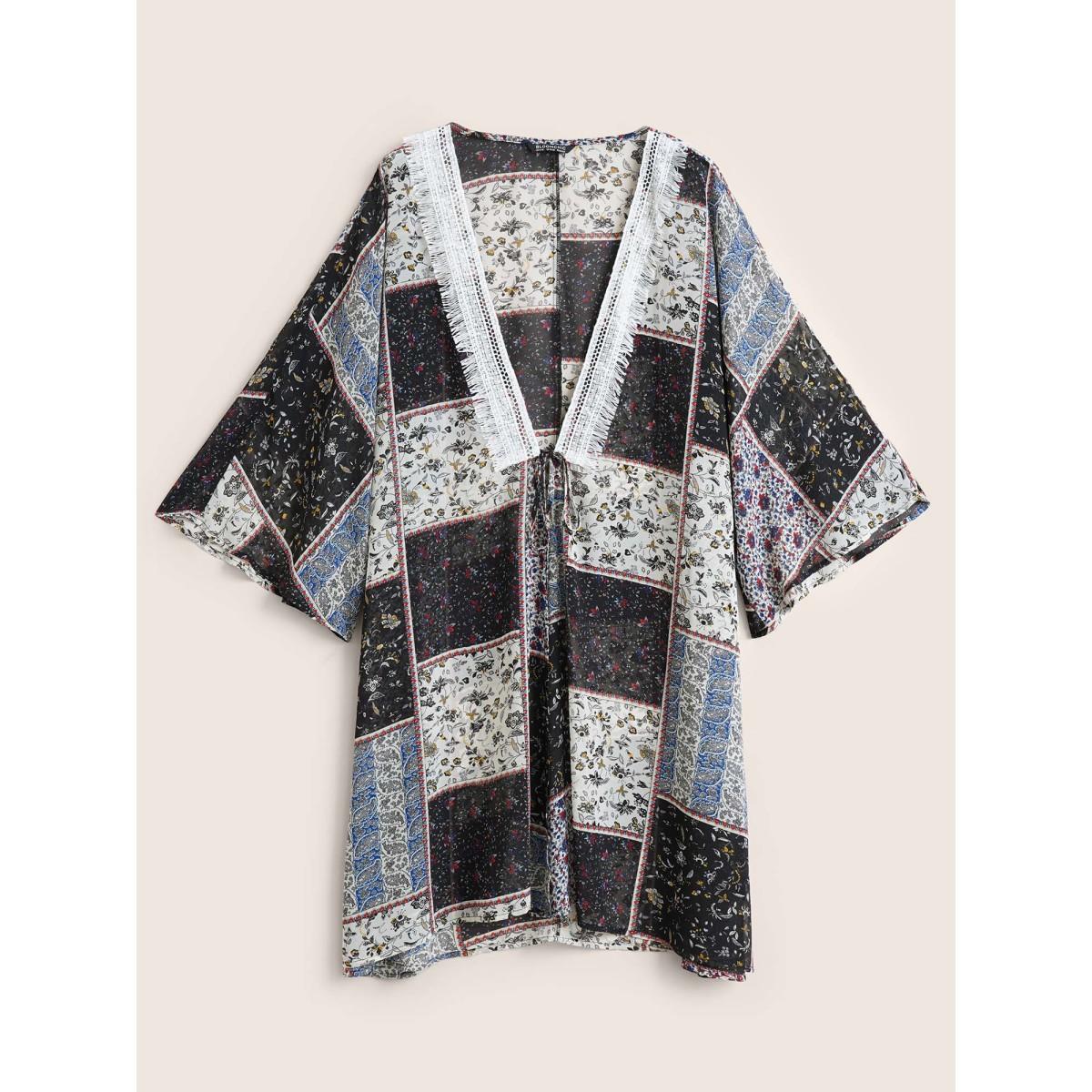 Plus Size Bandana Lace Panel Ties Patchwork Mesh Kimono Women BlackFlower Resort Woven ribbon&lace trim Vacation Kimonos BloomChic 14-16/1X Product Image