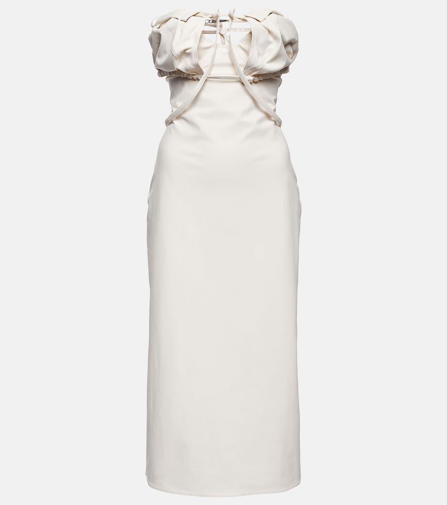 JACQUEMUS Strapless Ruffled Cutout Twill Midi Dress In White Product Image