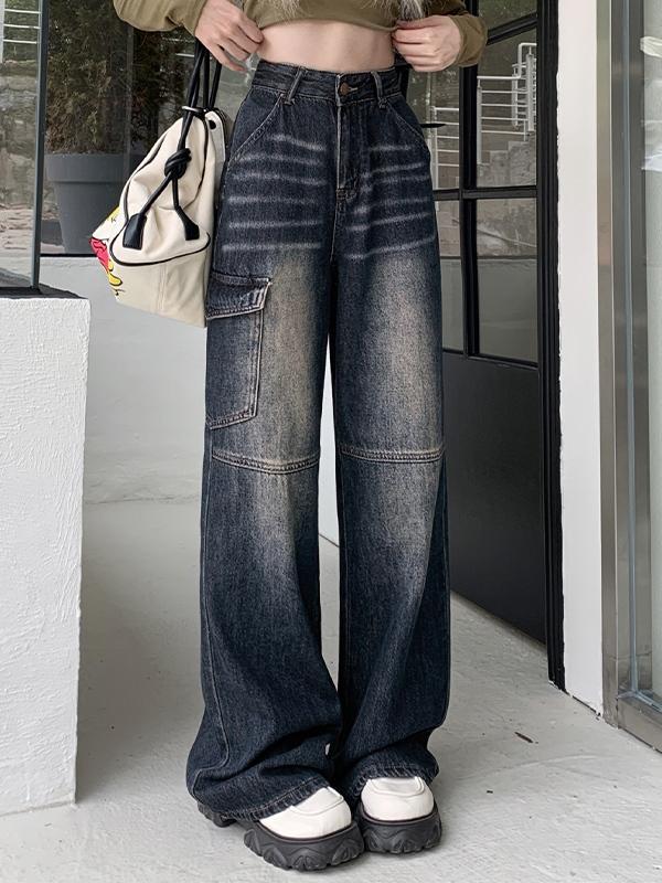 Vintage Blue Flap Pocket High Waist Boyfriend Jeans Product Image