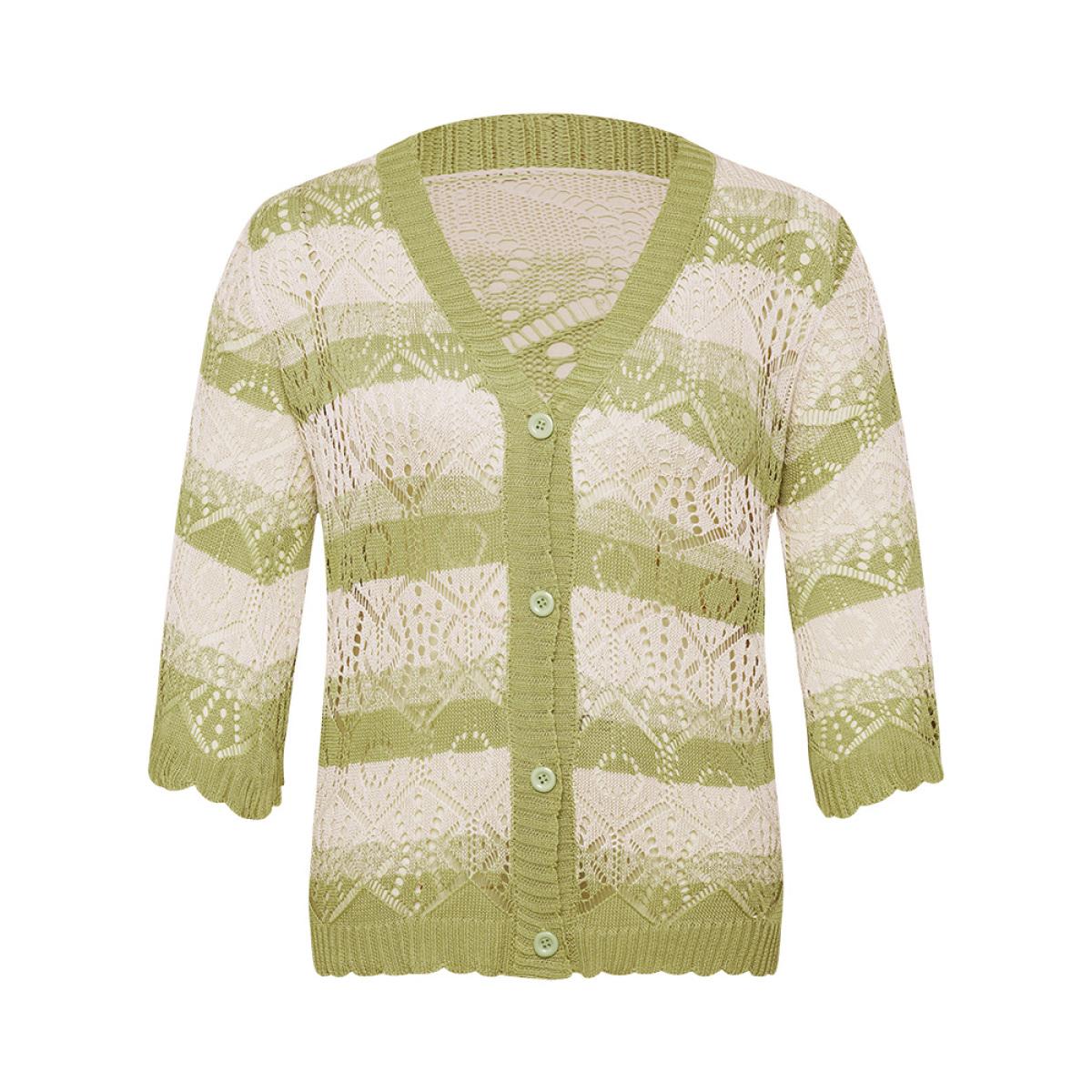 Plus Size Striped Contrast Button Front Cardigan LightGreen Women Casual Loose Long Sleeve Everyday Cardigans BloomChic 22-24/3X Product Image