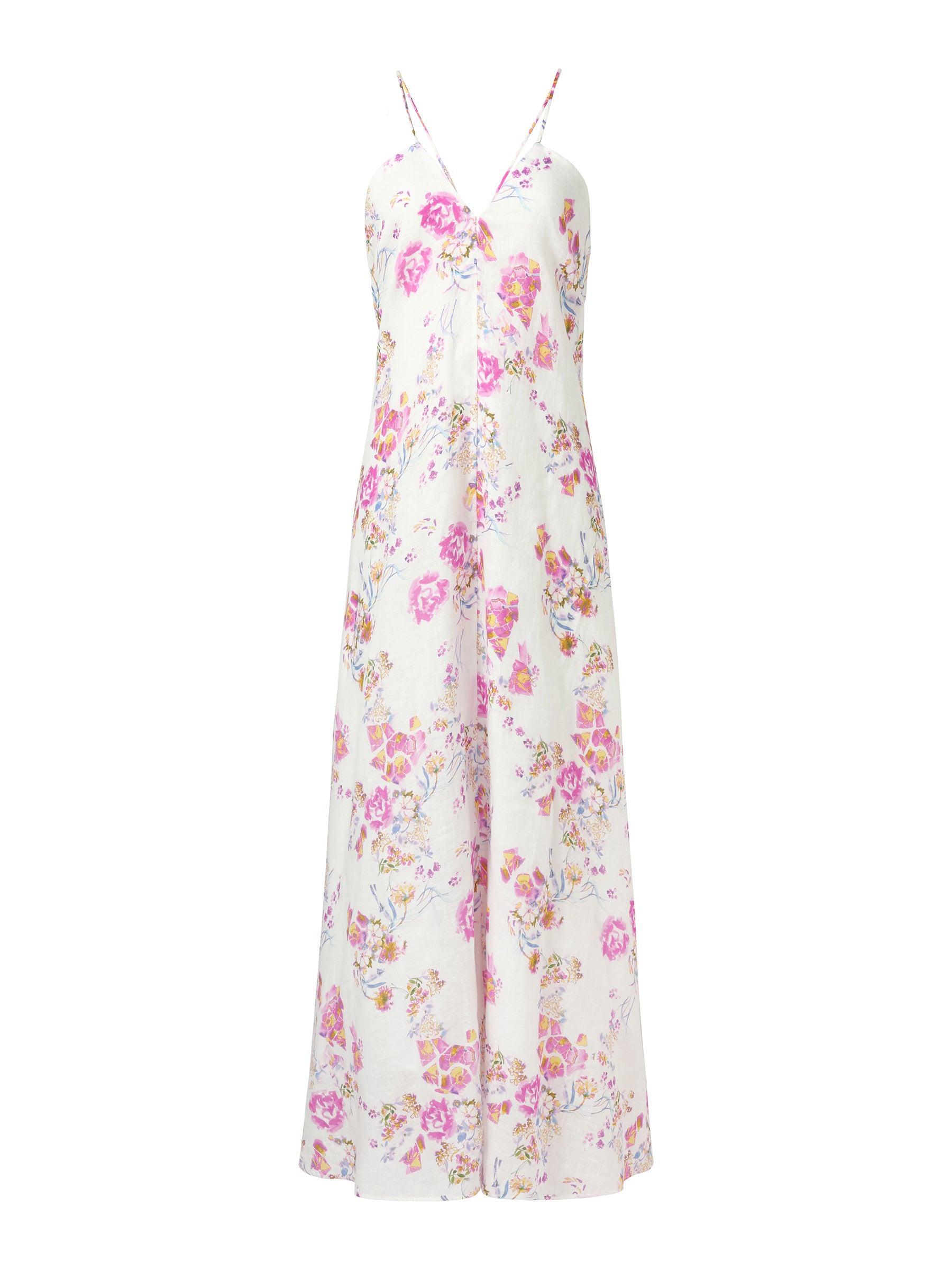 100% Linen Rose Print Women Halterneck Slip Maxi Dress Product Image