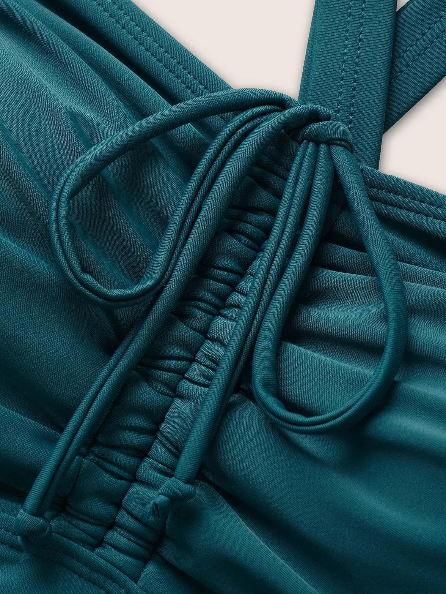 Plain Patched Pocket Drawstring One Piece Swimsuit Female Product Image