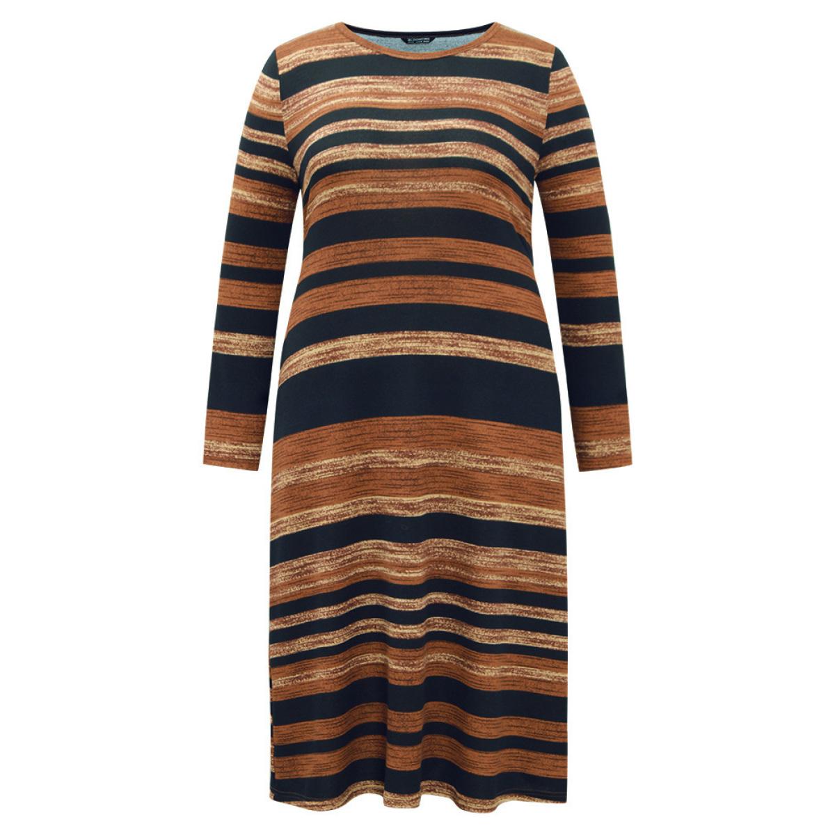 Plus Size Striped Contrast Elastic Waist Crew Neck Knit Dress DarkBrown Women Casual Printed Round Neck Long Sleeve Curvy Midi Dress BloomChic 22-24/3X Product Image