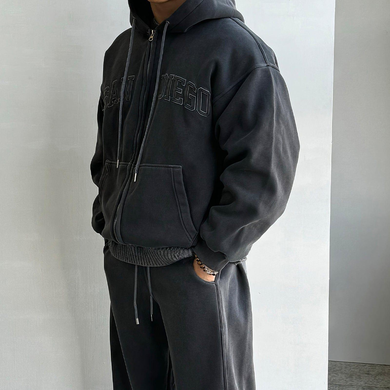 RT No. 12435 DARK GRAY ZIP LETTERED HOODIE & BAGGY SWEATPANTS Product Image