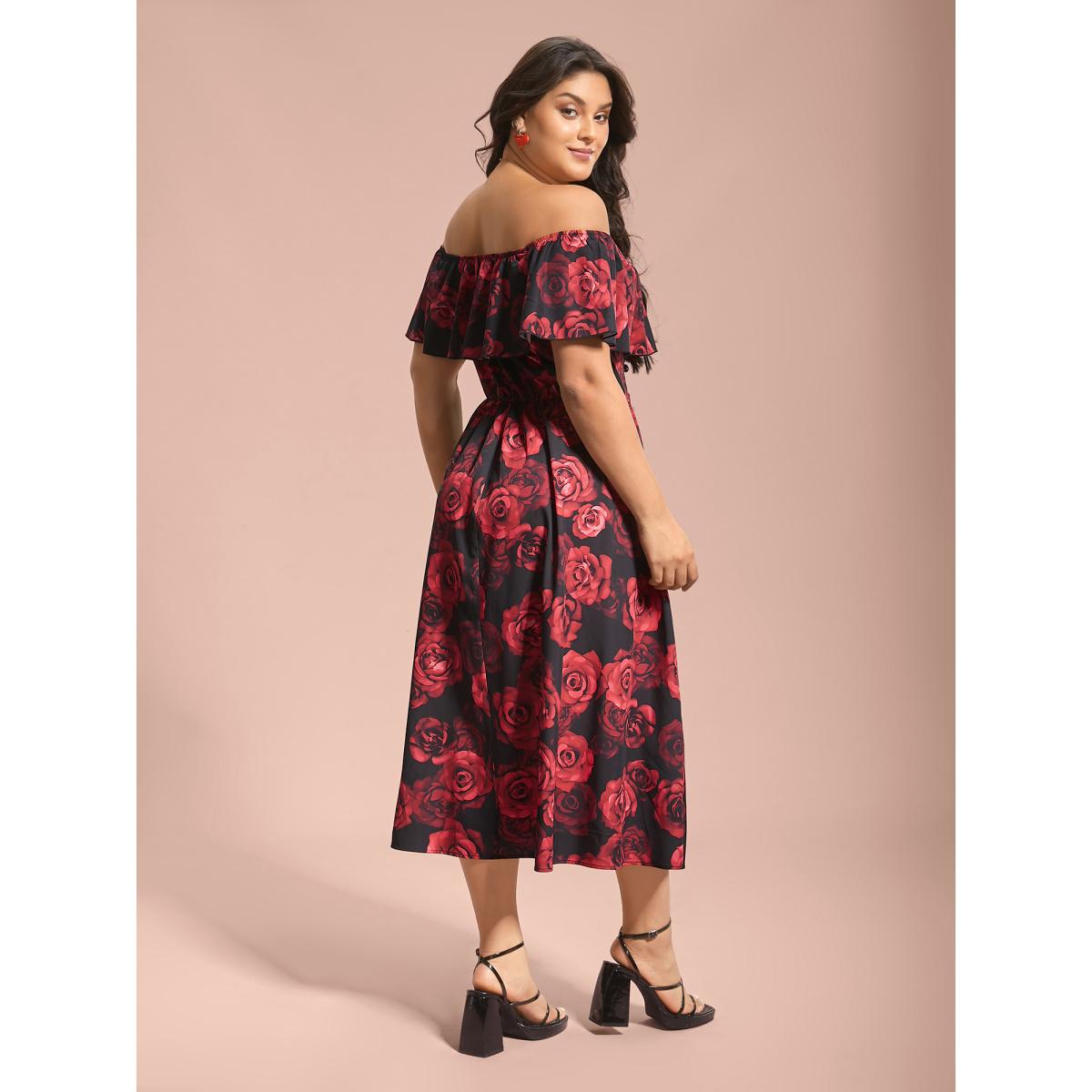Plus Size Off-Shoulder Rose Pattern Ruffled Dress BlackFlower Women Elegant Ruffles One-shoulder neck Short sleeve Curvy BloomChic 30/6X Product Image