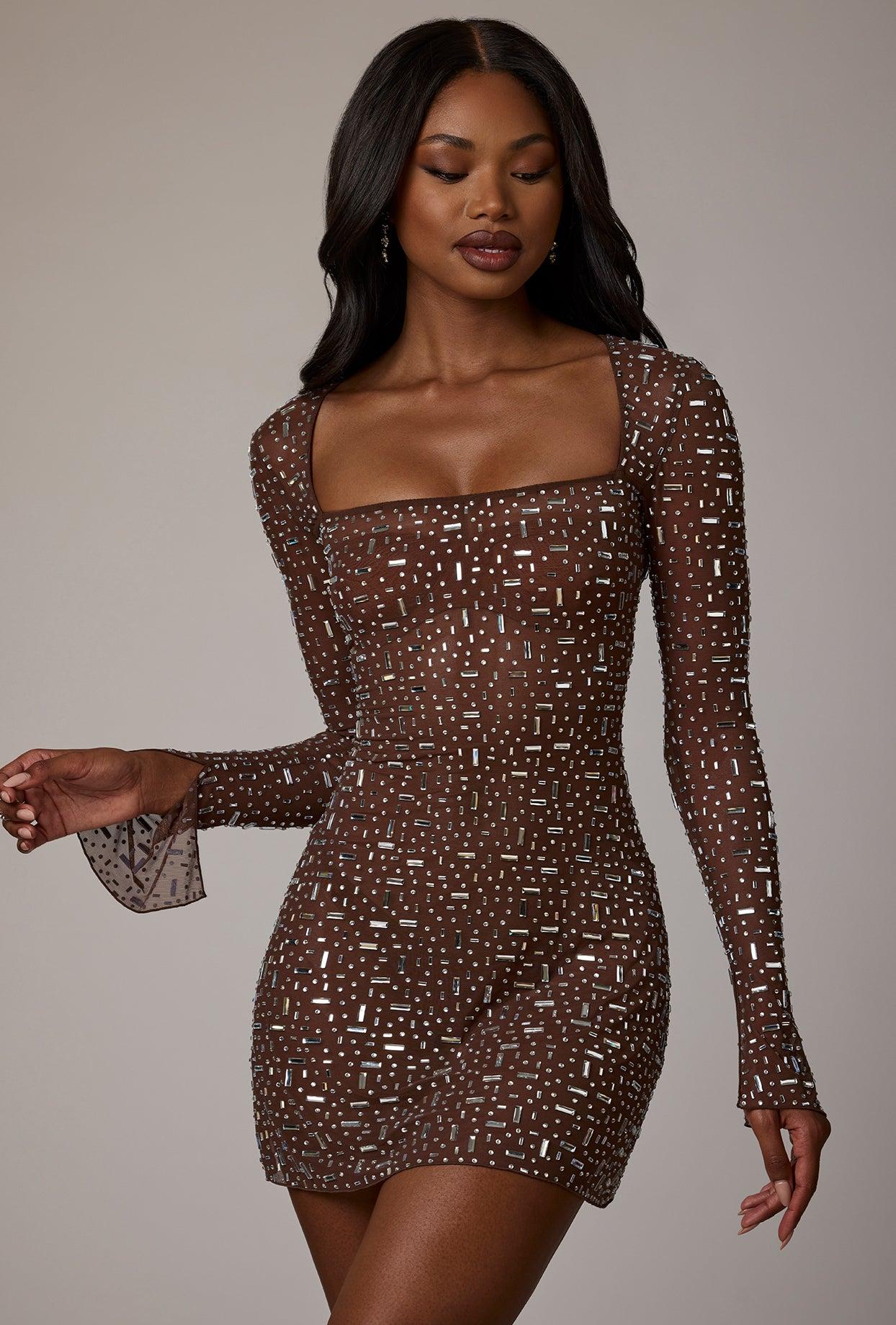 Sheer Embellished Long Sleeve A-Line Mini Dress in Deep Cocoa Product Image