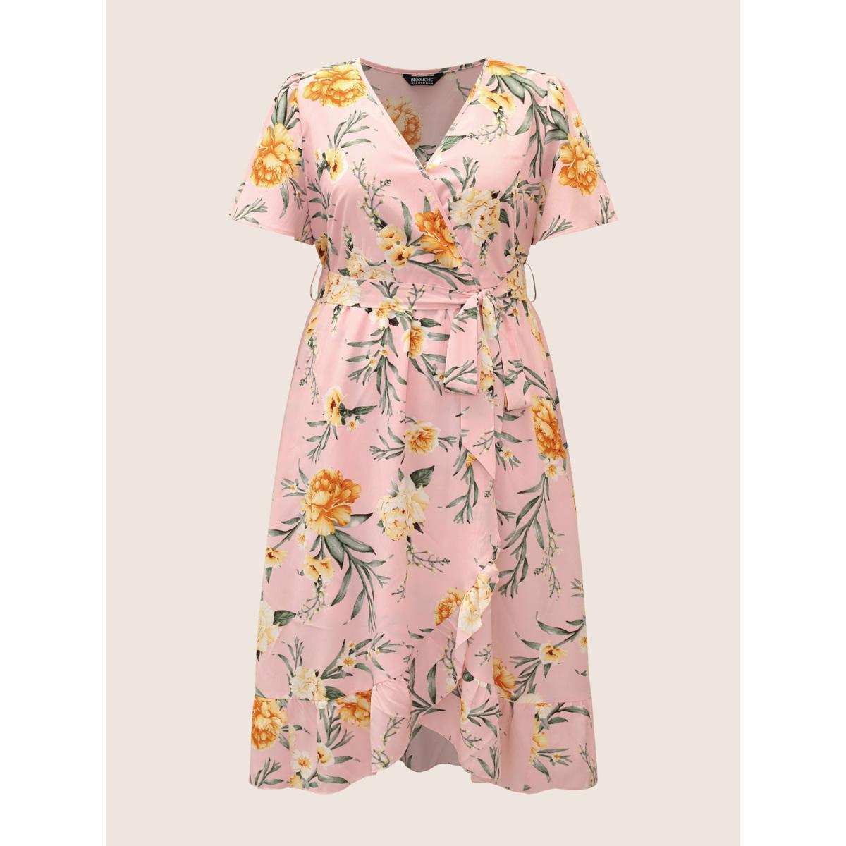 Plus Size Floral Surplice Neck Pocket Belted Dress Blush Women Elegant Tie knot V-neck Short sleeve Curvy BloomChic 12/L Product Image