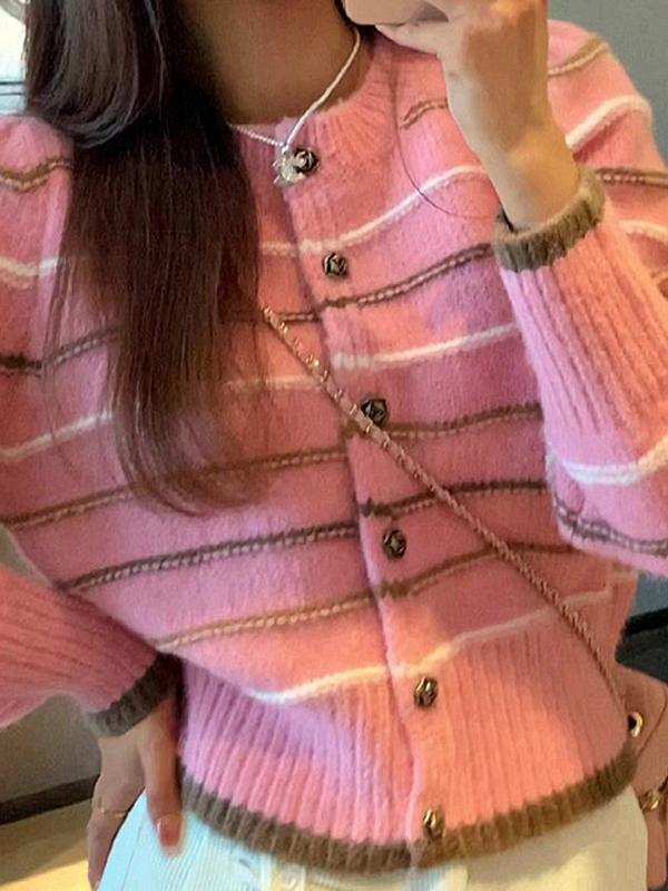 Contrast Color Striped Short Knit Cardigan Product Image