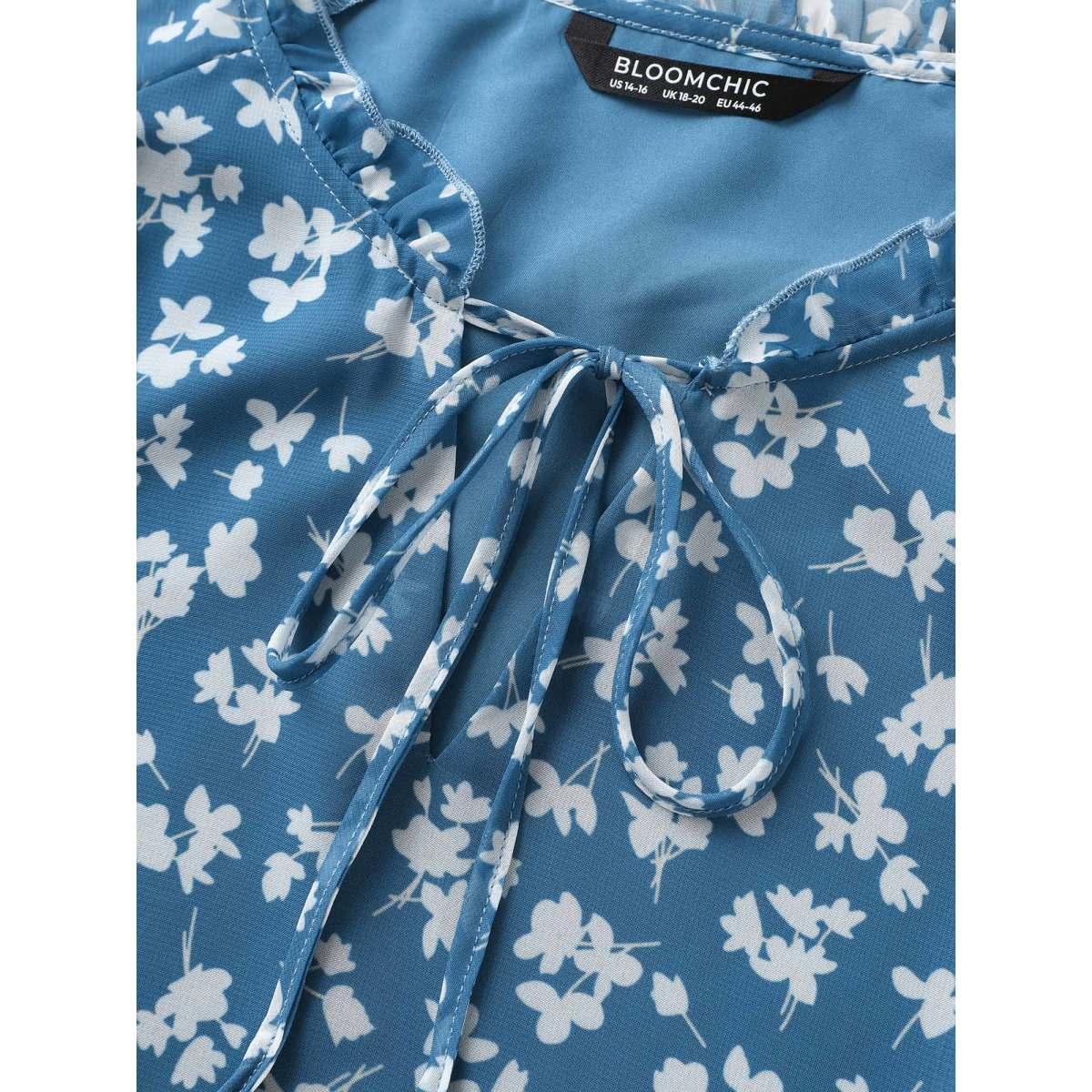 Plus Size Cerulean Floral Tie Knot Flutters Bell Sleeve Blouse Women Elegant Half Sleeve V-neck Everyday Blouses BloomChic 26/4X Product Image