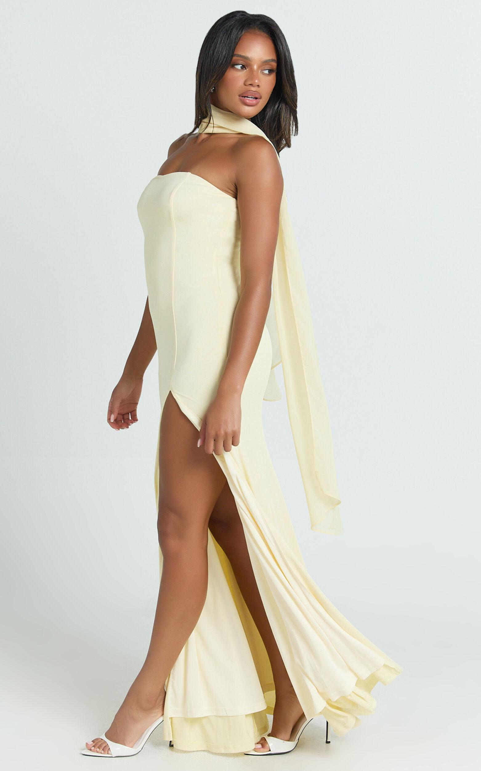 Dorothea Maxi Dress - Georgette Scarf Fit and Flare Dress in Lemon Product Image