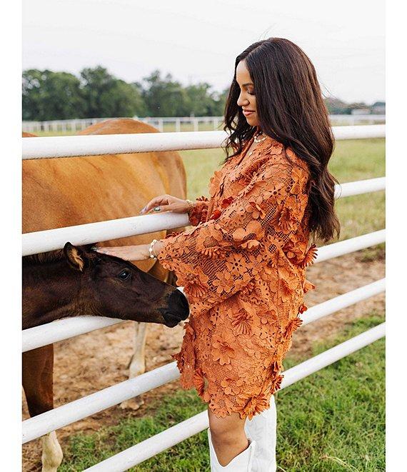 J.Marie Seraphina Floral 3D Lace Split Round Button Up Neck Long Sleeve Shift Dress Product Image