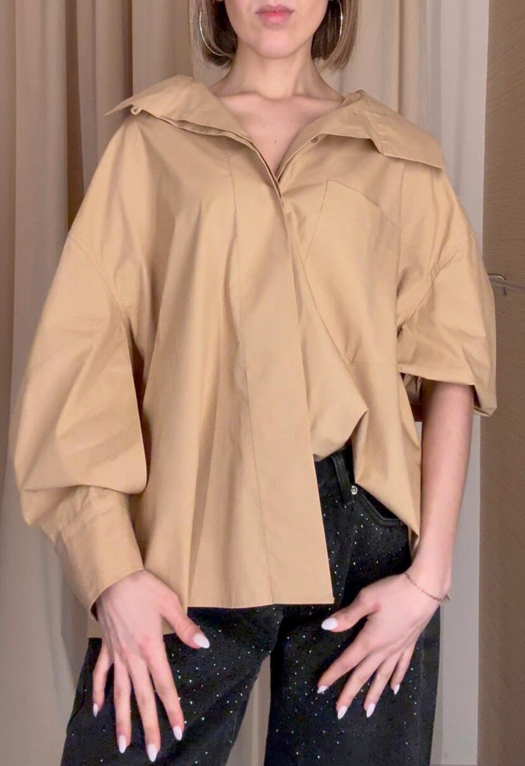 High Collar Button Down in Tan Product Image