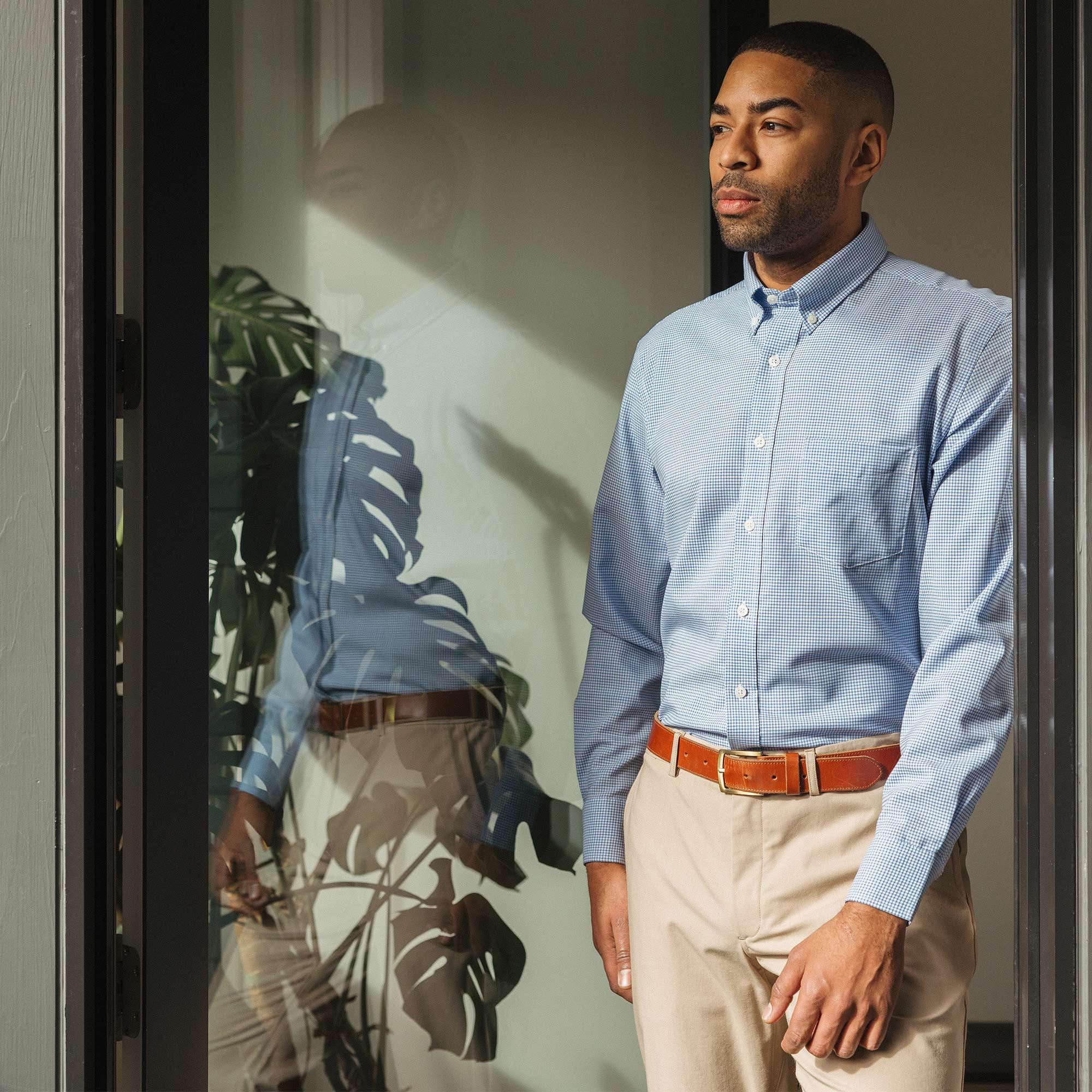 Merino Wool Button-Down Shirt | Blue Micro Check Product Image