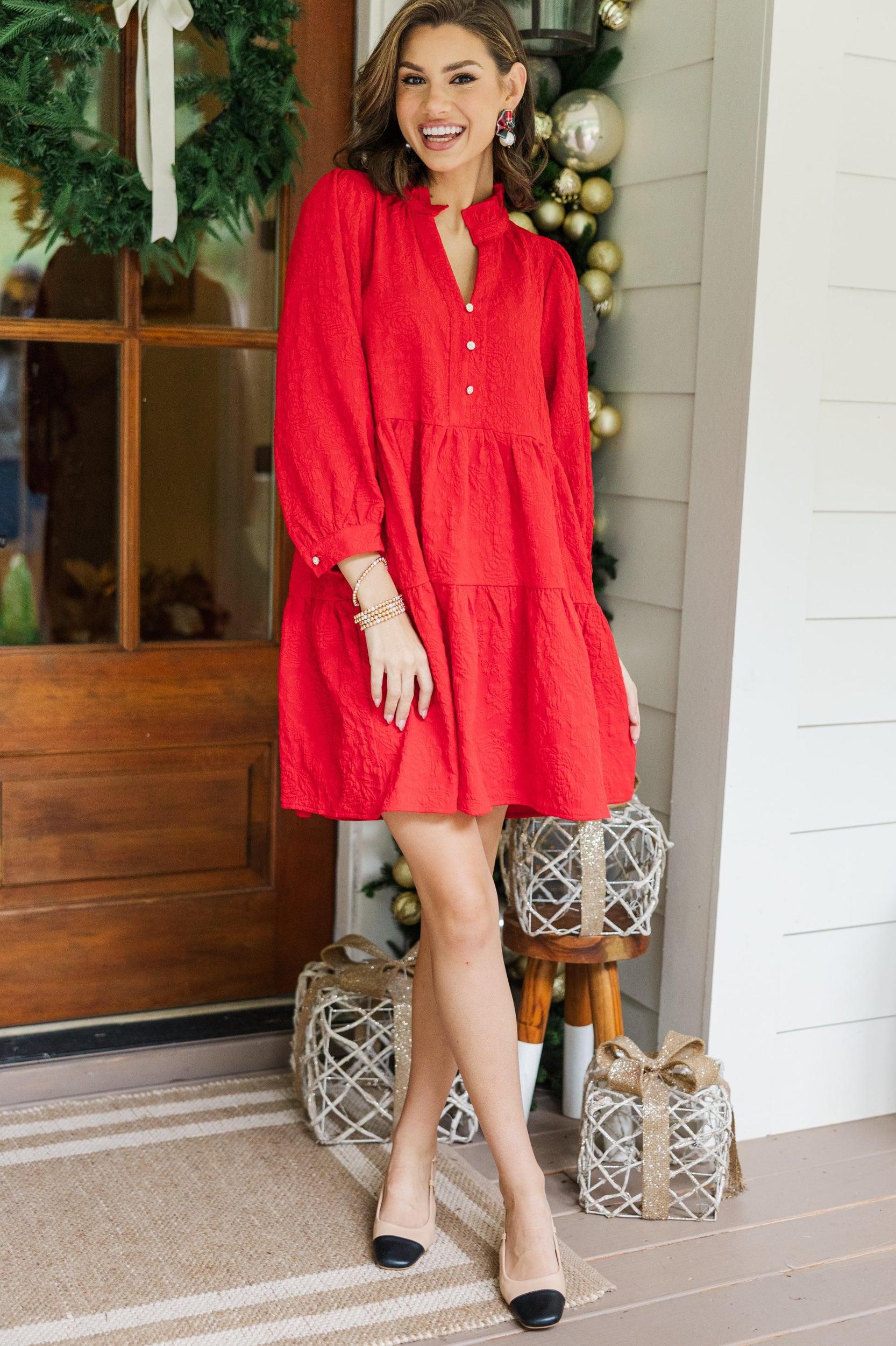 All Up To You Red Floral Textured Dress Female Product Image