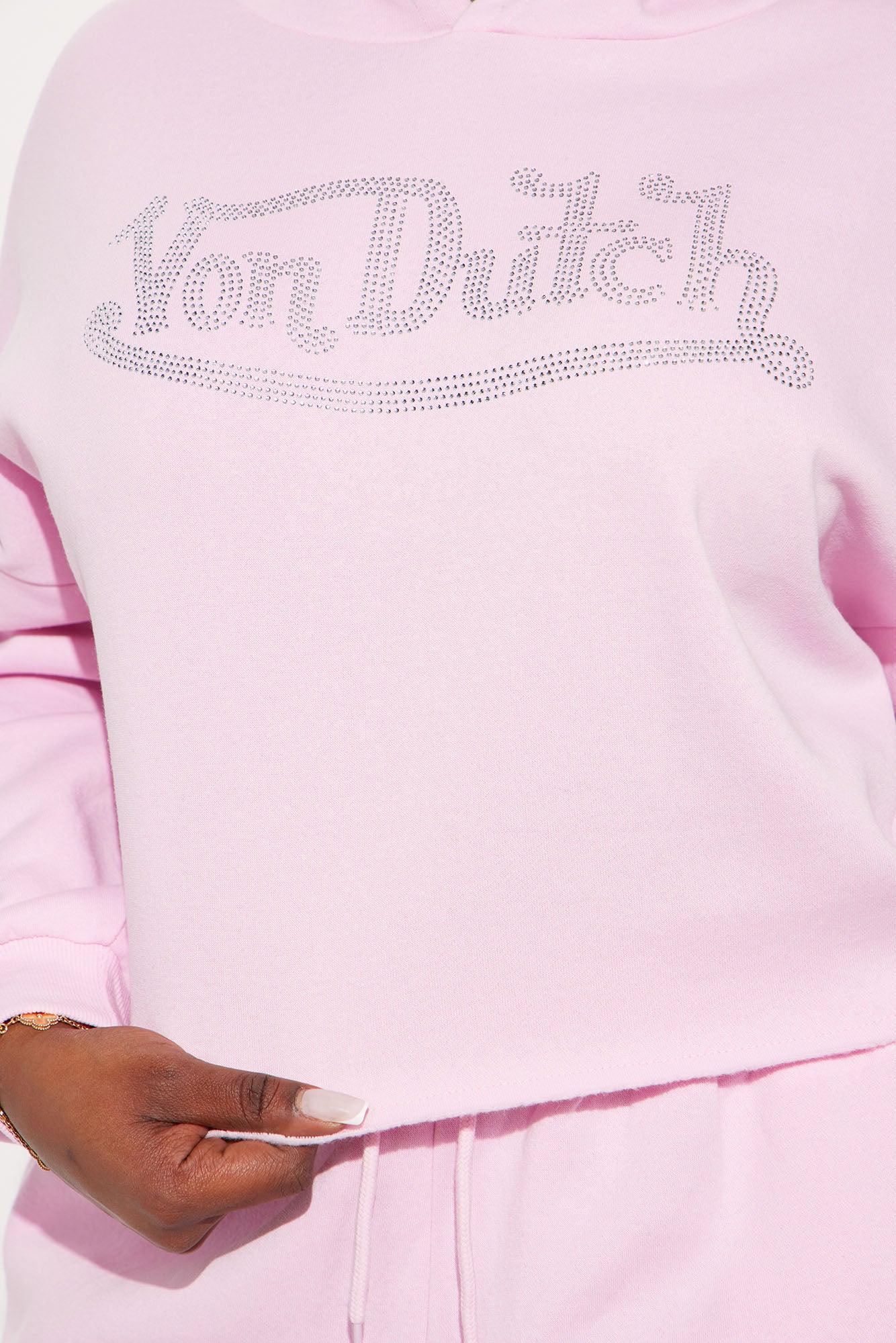 Von Dutch Rhinestone Cropped Hoodie - Pink Product Image