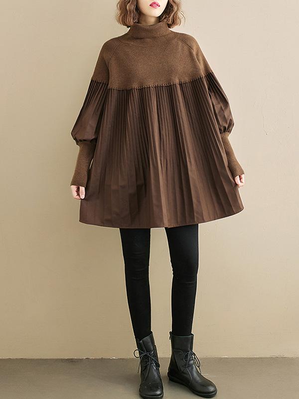 Knitting Pleats Split-Joint High-Neck Pullover Top Product Image