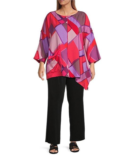 IC Collection Plus Size Woven Abstract Print Boat Neck 3/4 Sleeve Asymmetrical Hem Tunic Product Image