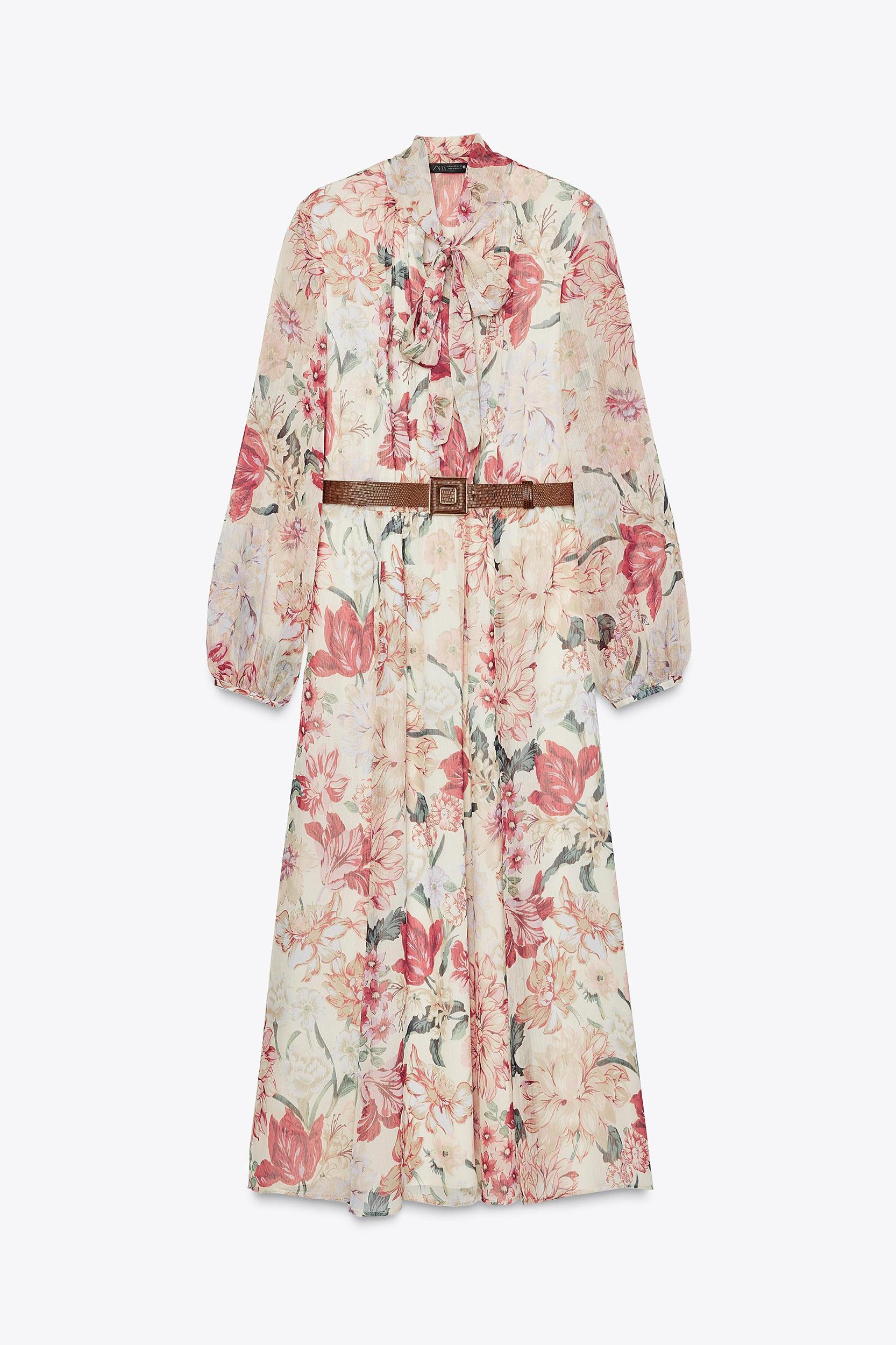 BELTED FLORAL PRINT MIDI DRESS Product Image