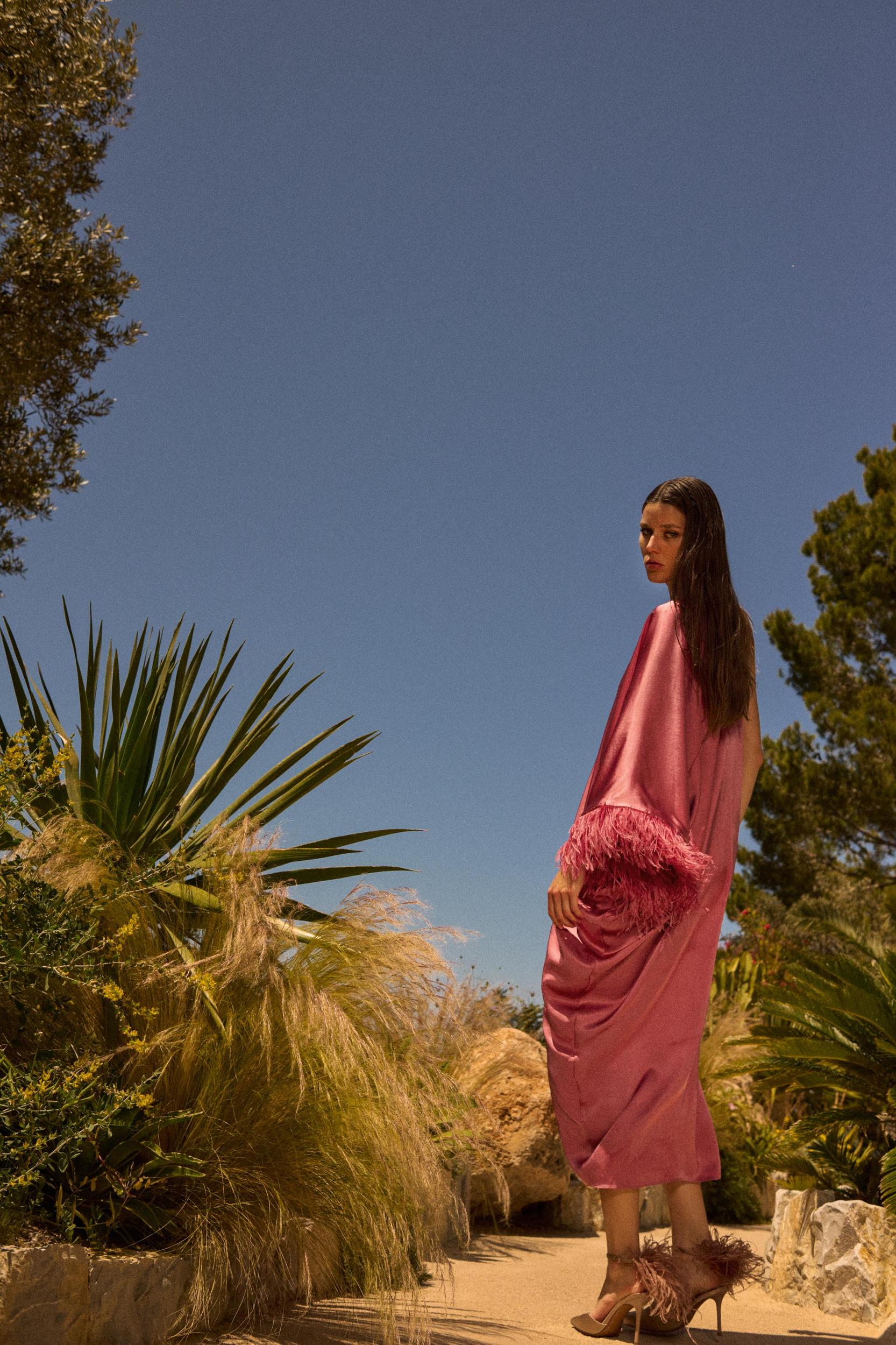 FEATHERED SATIN LONG DRESS Product Image