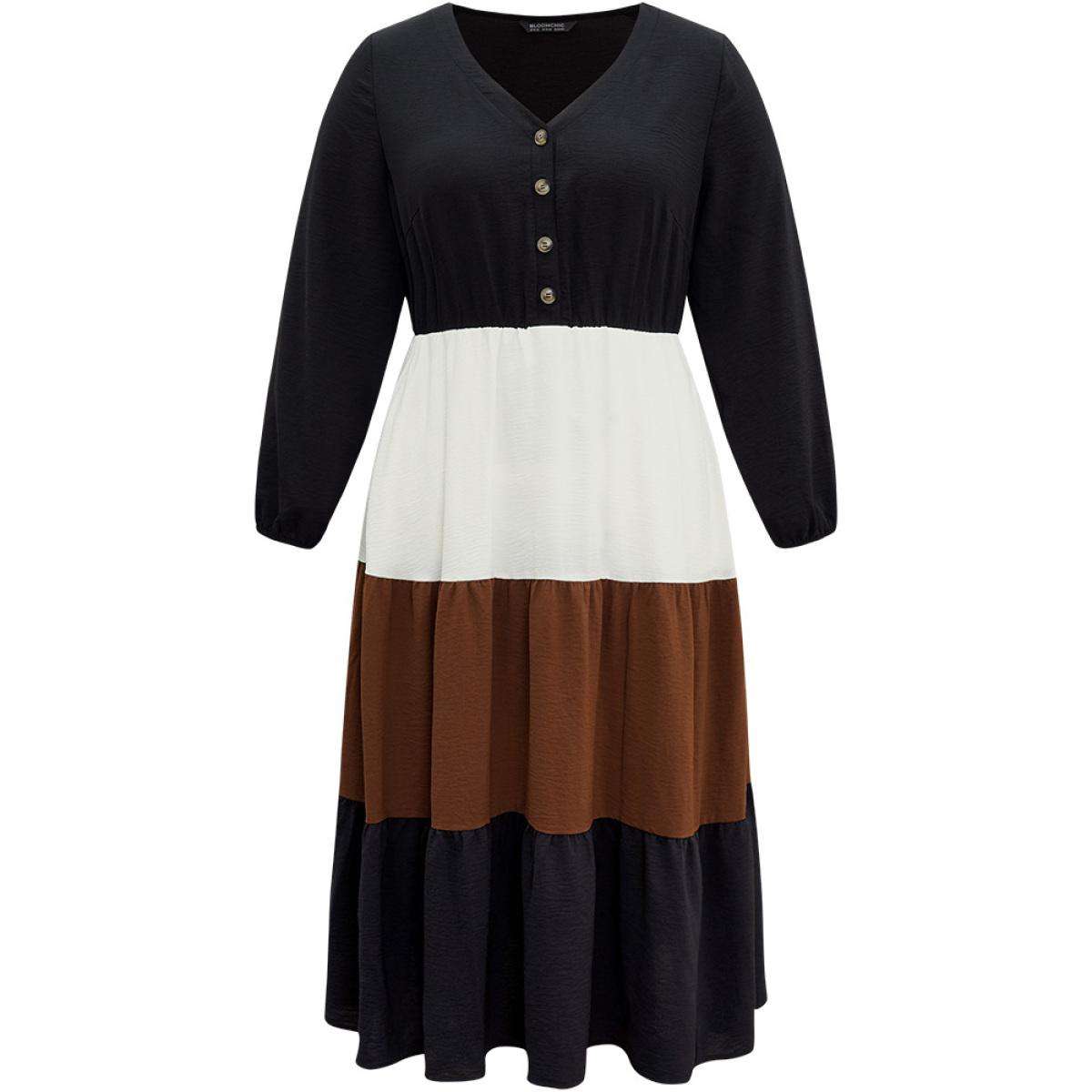 Plus Size Colorblock Patchwork Lantern Sleeve Button Detail Dress Black Women Elegant Elastic cuffs V-neck Long Sleeve Curvy Midi Dress BloomChic 14-16/1X Product Image