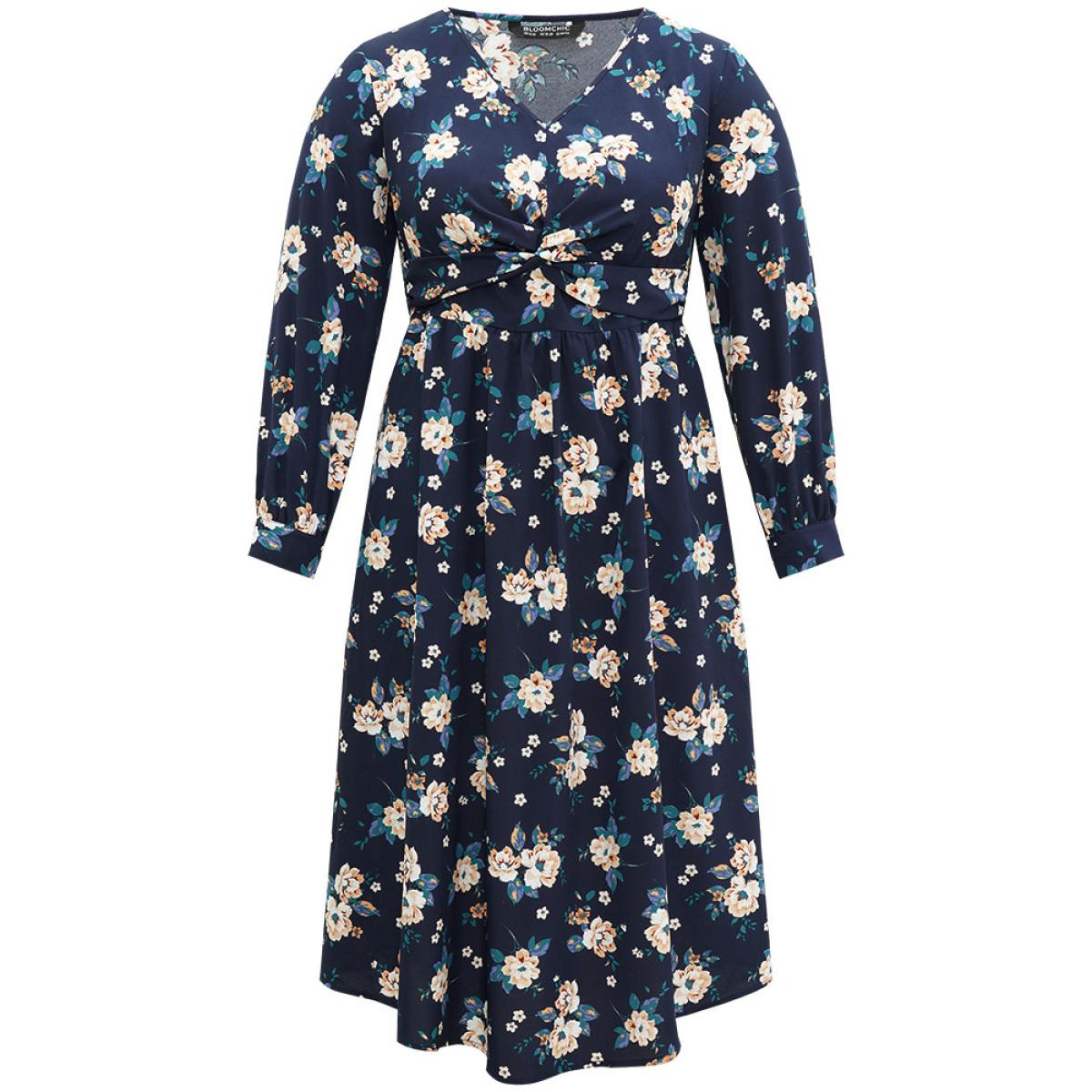 Plus Size Floral Print Twist Front Pocket Midi Dress DarkBlue Women Elegant Printed V-neck Long Sleeve Curvy Midi Dress BloomChic 28/5X Product Image