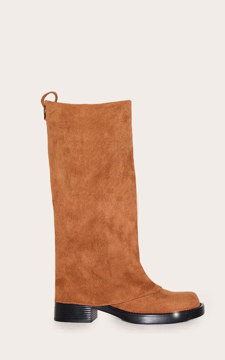 Camel Faux Suede Block Heeled Fold Over Knee High Boots Product Image