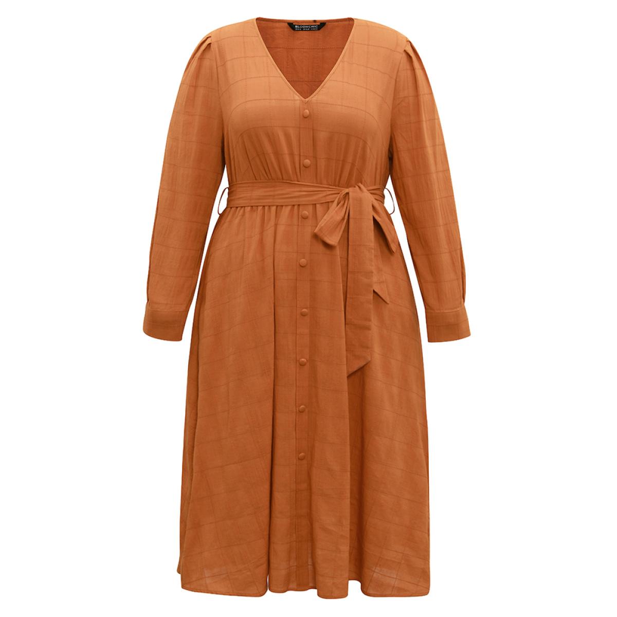 Plus Size Cotton Plain Textured Pleated Button Detail Belted Dress Chocolate Women Casual Plain V-neck Long Sleeve Curvy Midi Dress BloomChic 14-16/1X Product Image