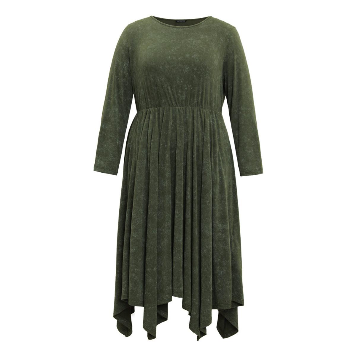 Plus Size Vintage Heather Elastic Waist Hanky Hem Dress ArmyGreen Women Casual Gathered Round Neck Long Sleeve Curvy Midi Dress BloomChic 28/5X Product Image