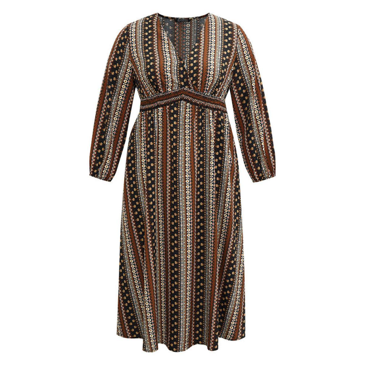 Plus Size Bandana Print Wrap Shirred Dress Multicolor Women Boho Elastic cuffs V-neck Long Sleeve Curvy Midi Dress BloomChic 30/6X Product Image