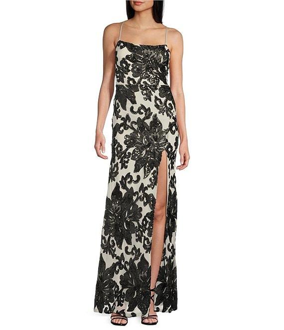 Midnight Doll Floral Sequin-Lace Up Spaghetti Strap Square Neck Dress Product Image