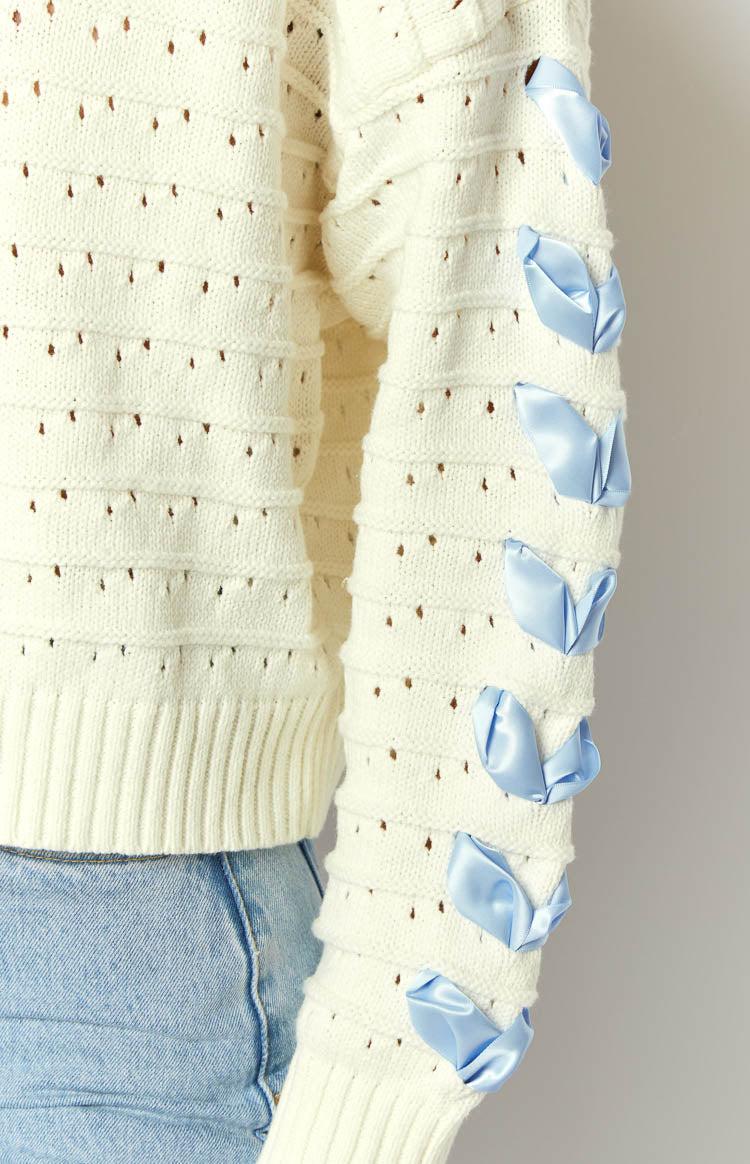 Darling White Knit Blue Ribbon Sweater Product Image
