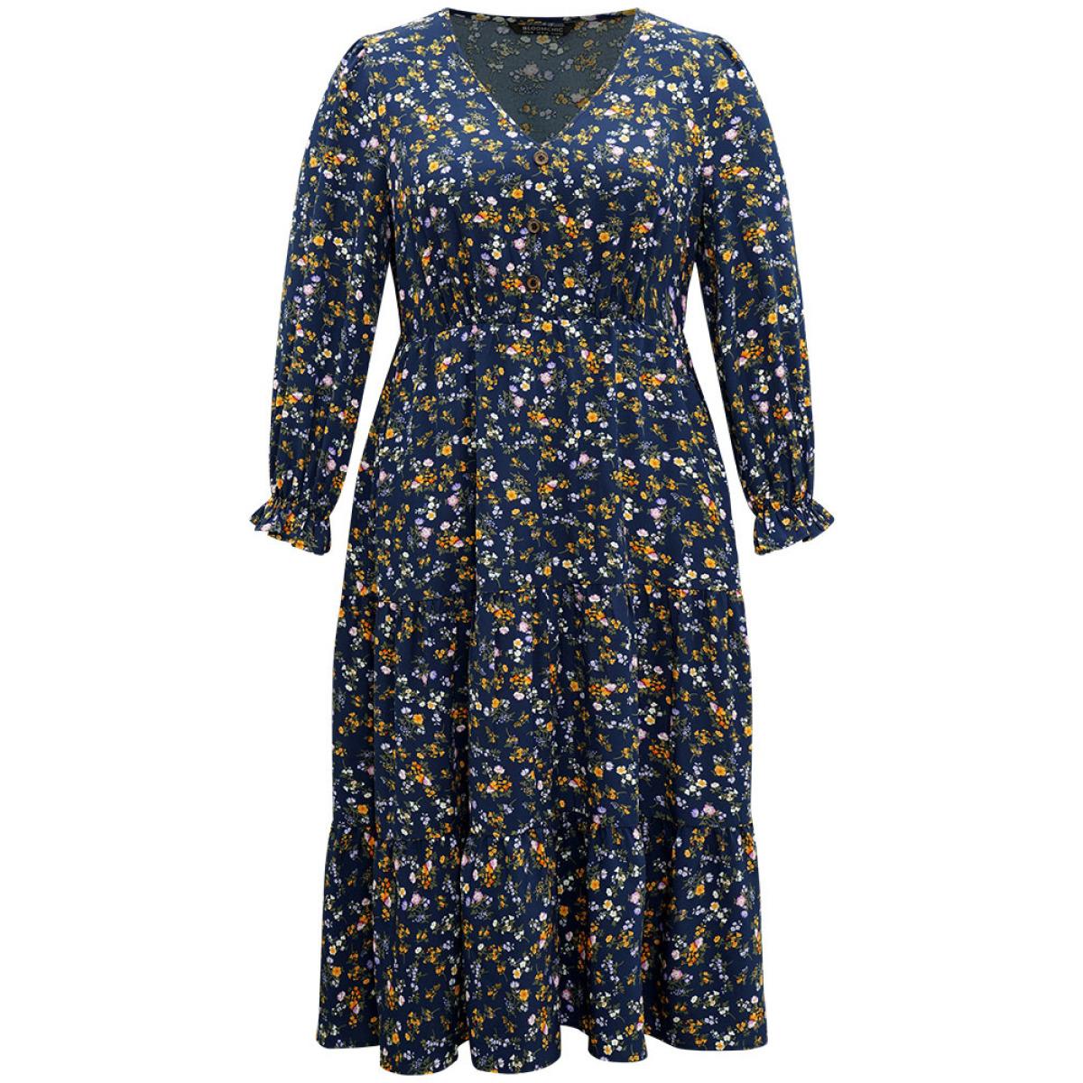 Plus Size Ditsy Floral Button Detail Ruffles Pocket Dress Navy Women Office Printed V-neck Long Sleeve Curvy Midi Dress BloomChic 14-16/1X Product Image