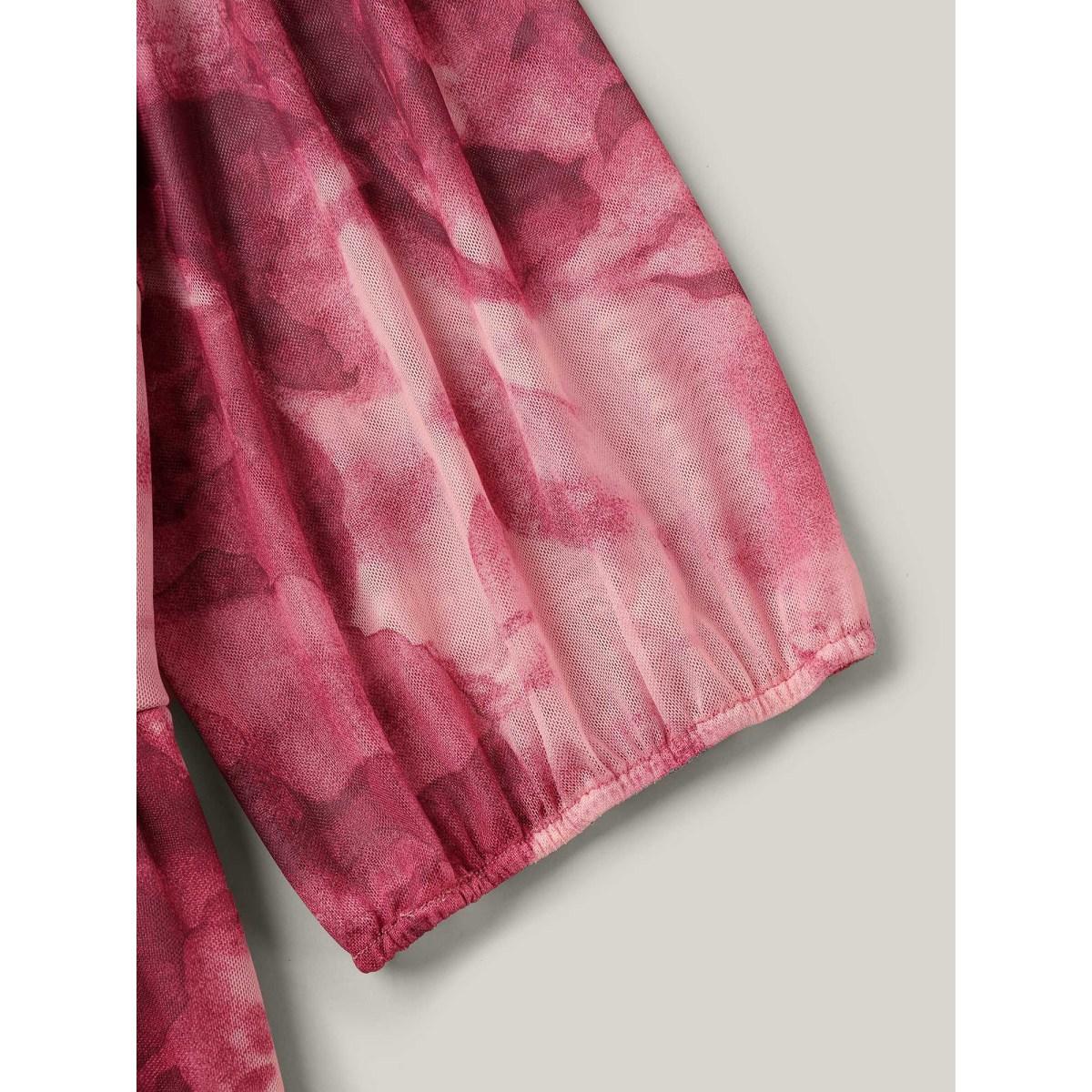 Plus Size Ombre Gradient Mesh Puff Sleeve Midi Dress RedViolet Women Elegant Heart neckline Elbow-length sleeve Curvy BloomChic 22-24/3X Product Image