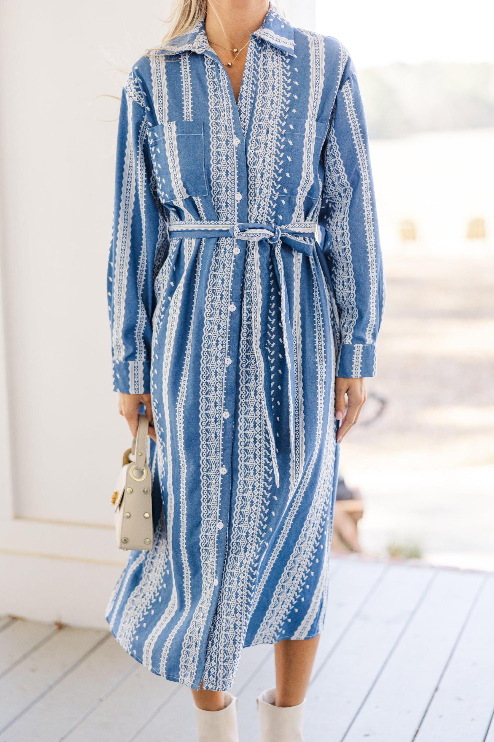 Feeling Confident Blue Embroidered Midi Dress Female Product Image