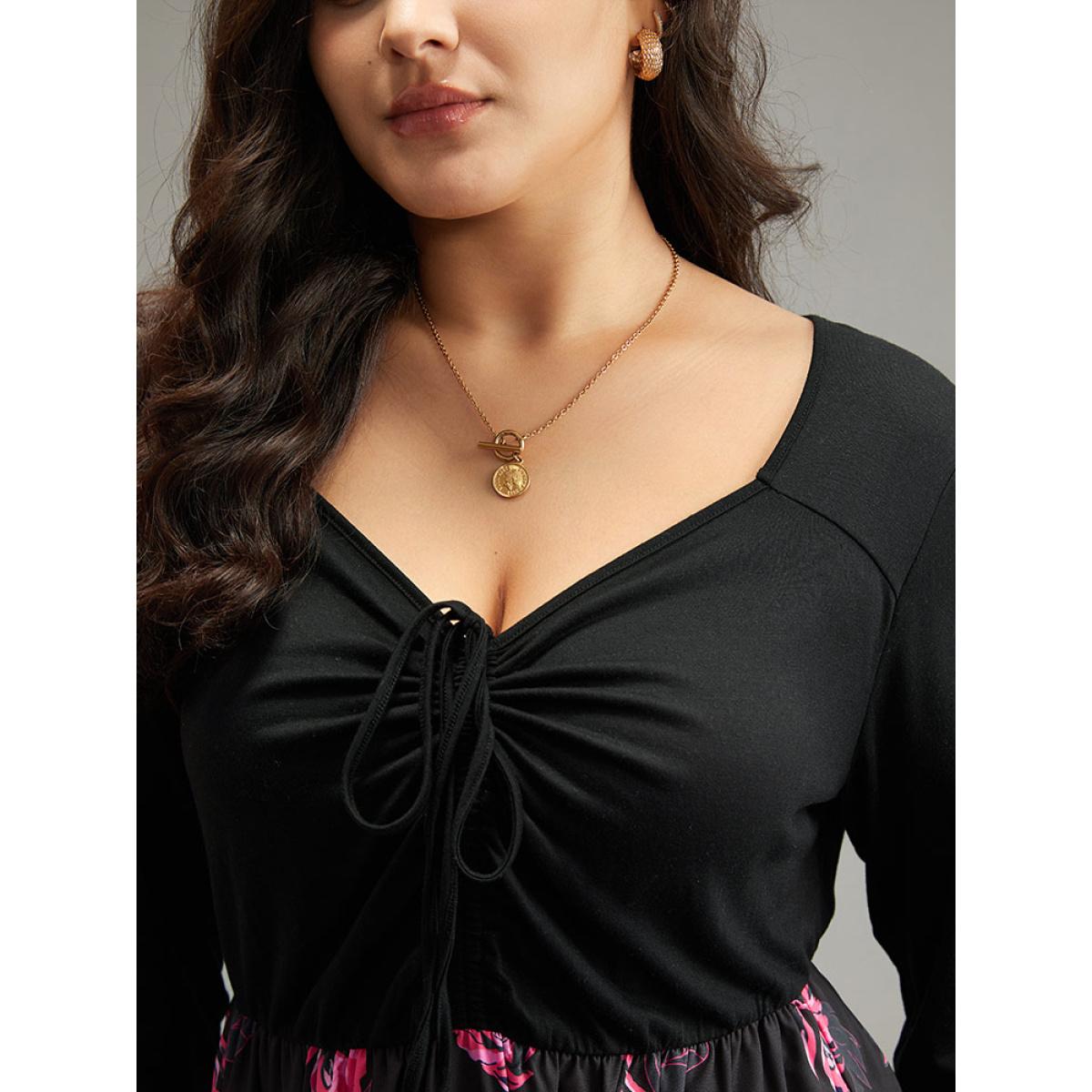 Plus Size Floral Patchwork Gathered Drawstring Dress Black Women Casual Gathered Tie Neck Long Sleeve Curvy Midi Dress BloomChic 10/M Product Image