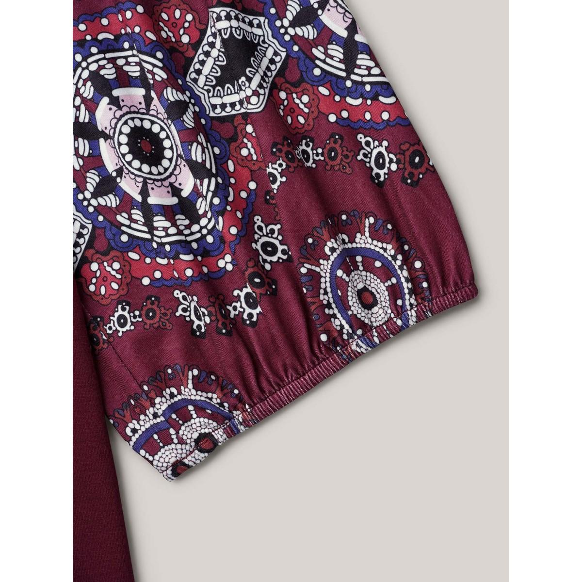 Plus Size Boho Print Sleeve Round Neck T-Shirt Scarlet Women Elegant Contrast Round Neck Everyday T-shirts BloomChic 18-20/2X Product Image