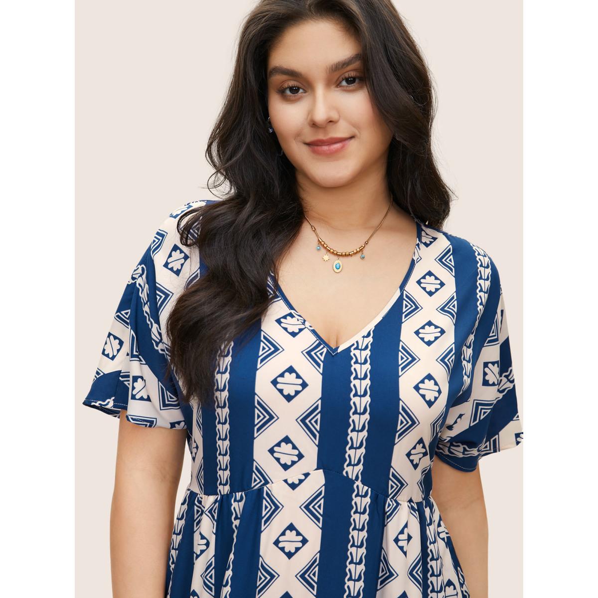 Plus Size Bandana Print Patchwork Elastic Waist Dress DarkBlue Women Resort Non V-neck Short sleeve Curvy Midi Dress BloomChic 14-16/1X Product Image