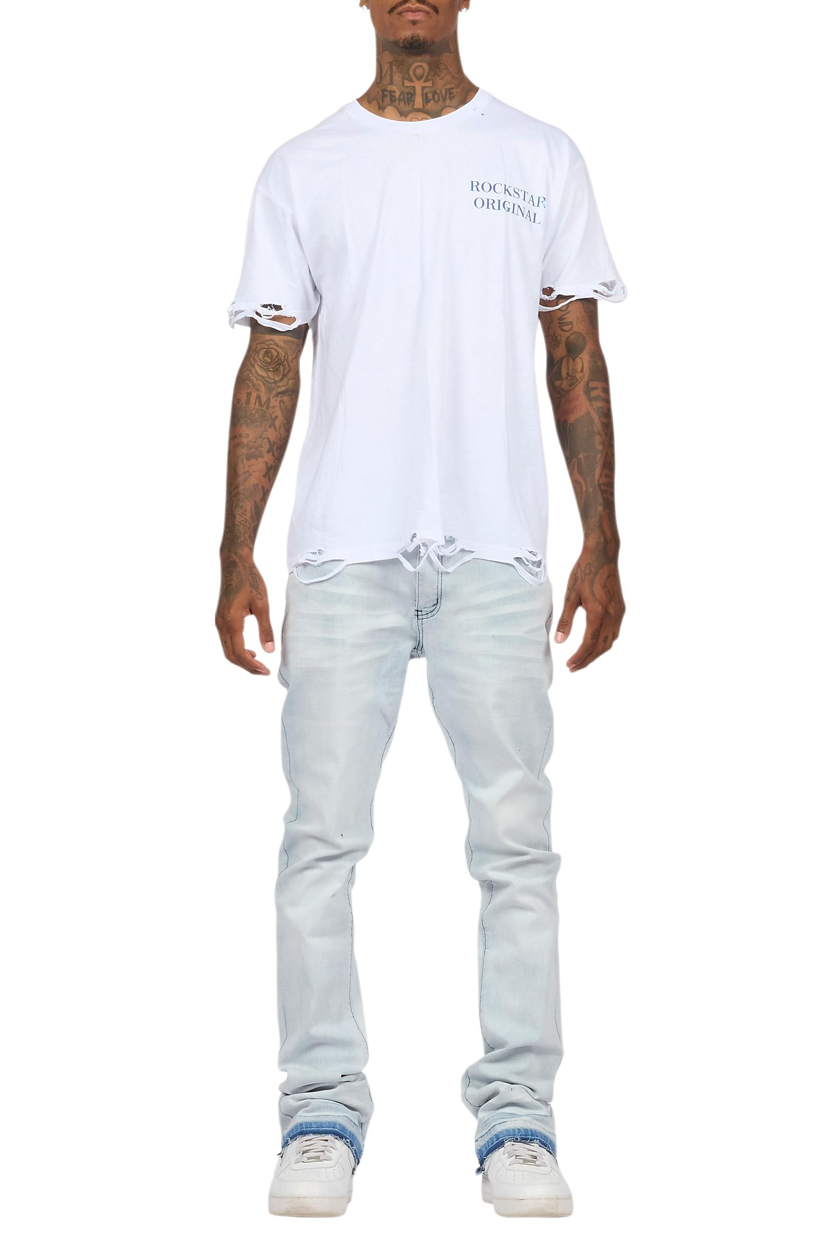 Drako White/Blue Oversized Graphic T-Shirt/Dag Stacked Flare Jean Set Male Product Image