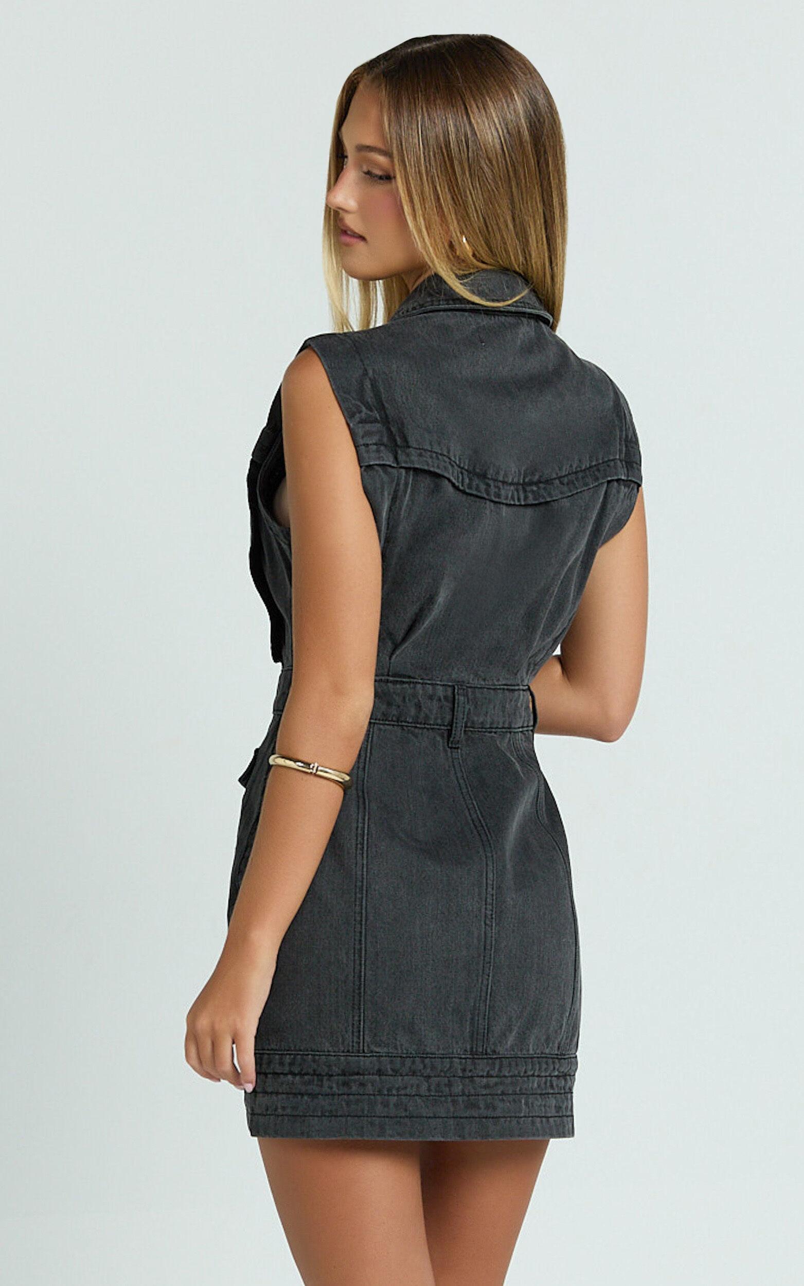 Jasse Mini Dress - Hardware Button Through Denim Dress in Washed Black Product Image