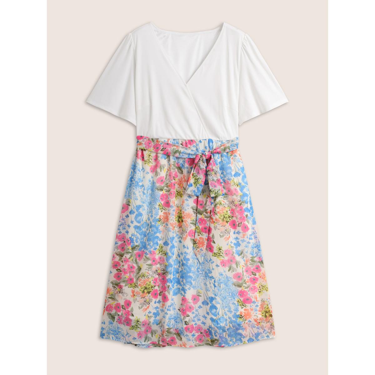 Plus Size Overlap Collar Patchwork Floral Midi Dress Ivory Women Elegant Belted Overlap Collar Short sleeve Curvy BloomChic 28/5X Product Image